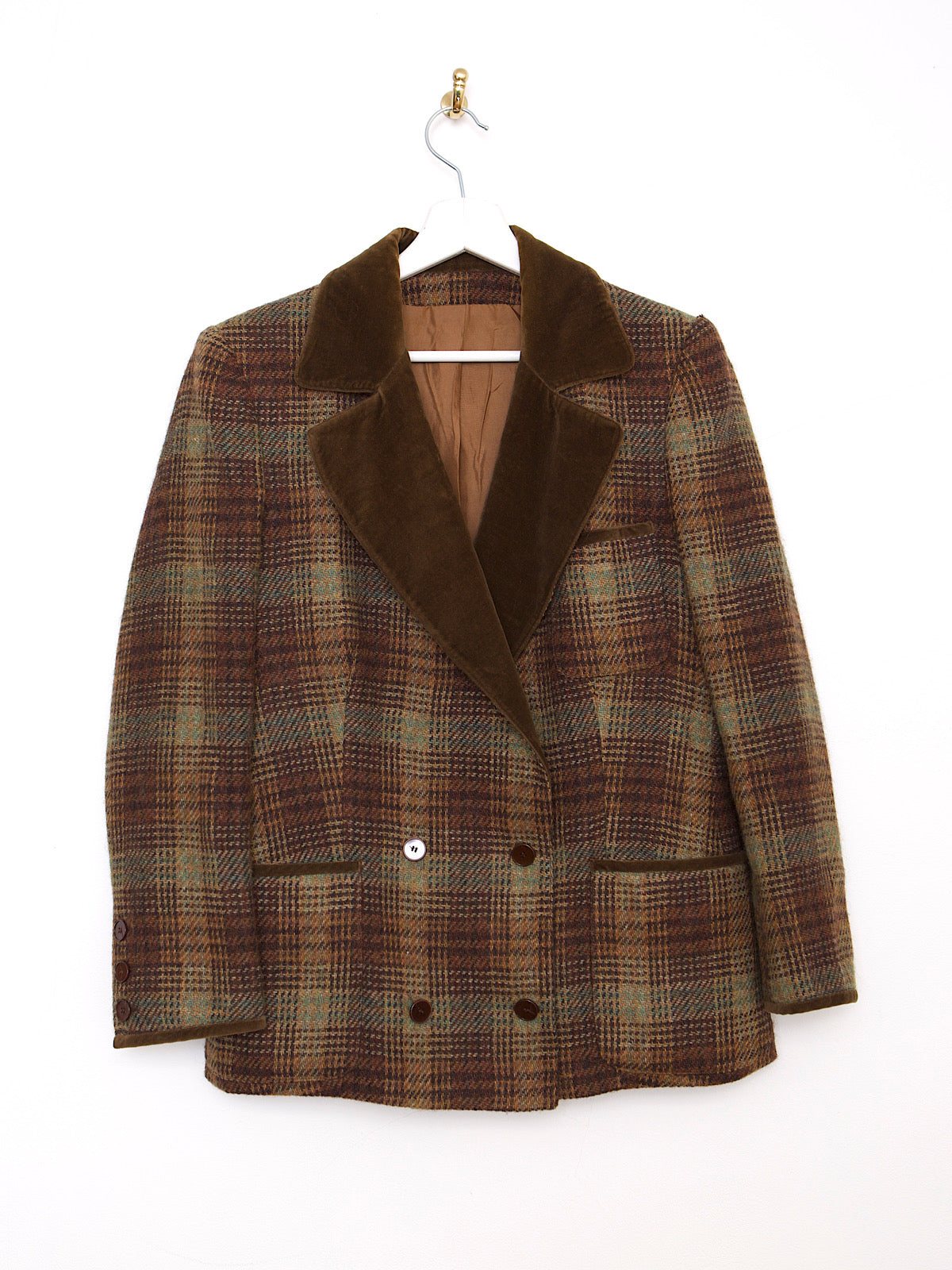 90S VINTAGE PURE WOOL TARTAN BLAZER VELVER COLLAR