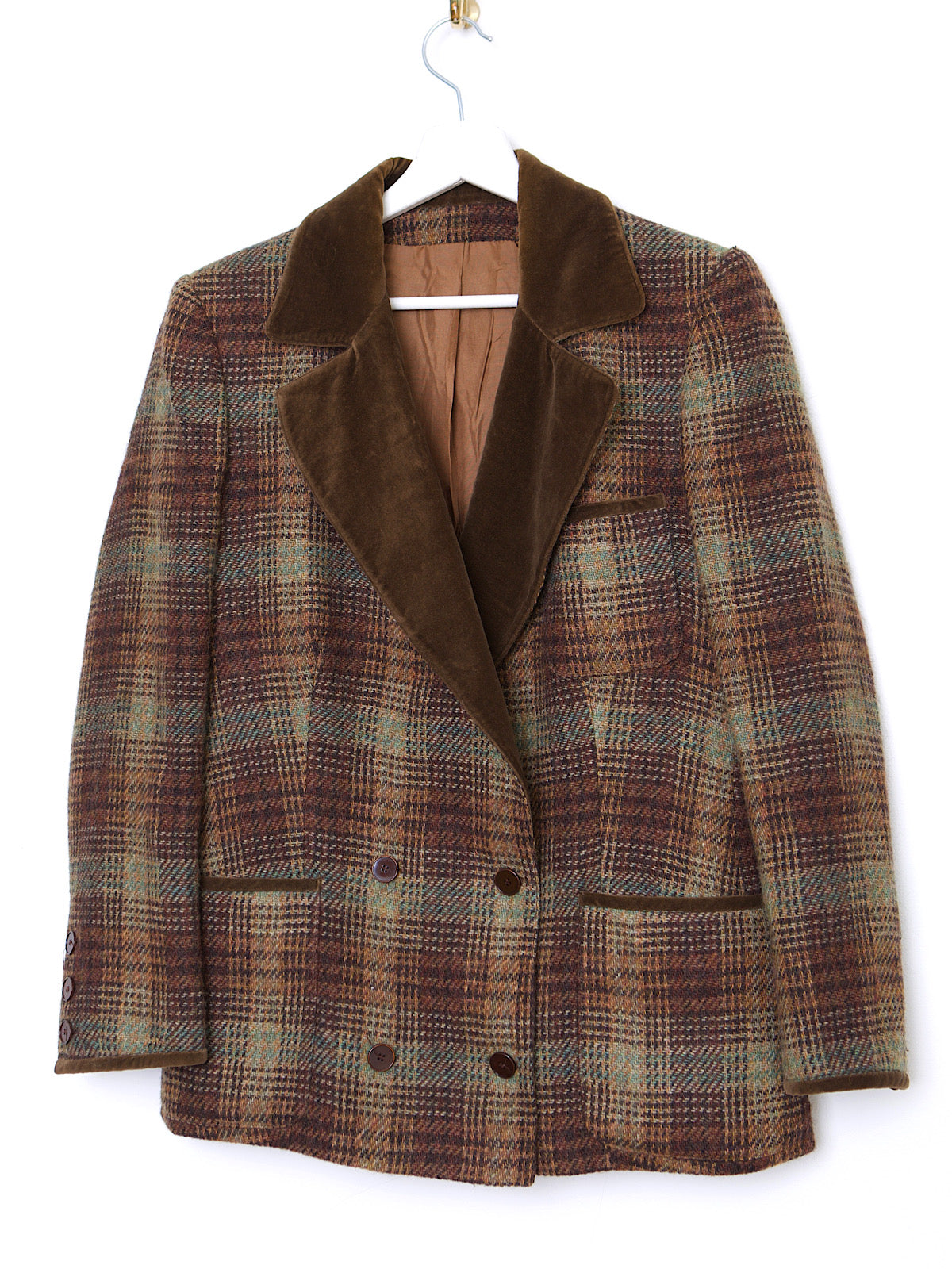 90S VINTAGE PURE WOOL TARTAN BLAZER VELVER COLLAR