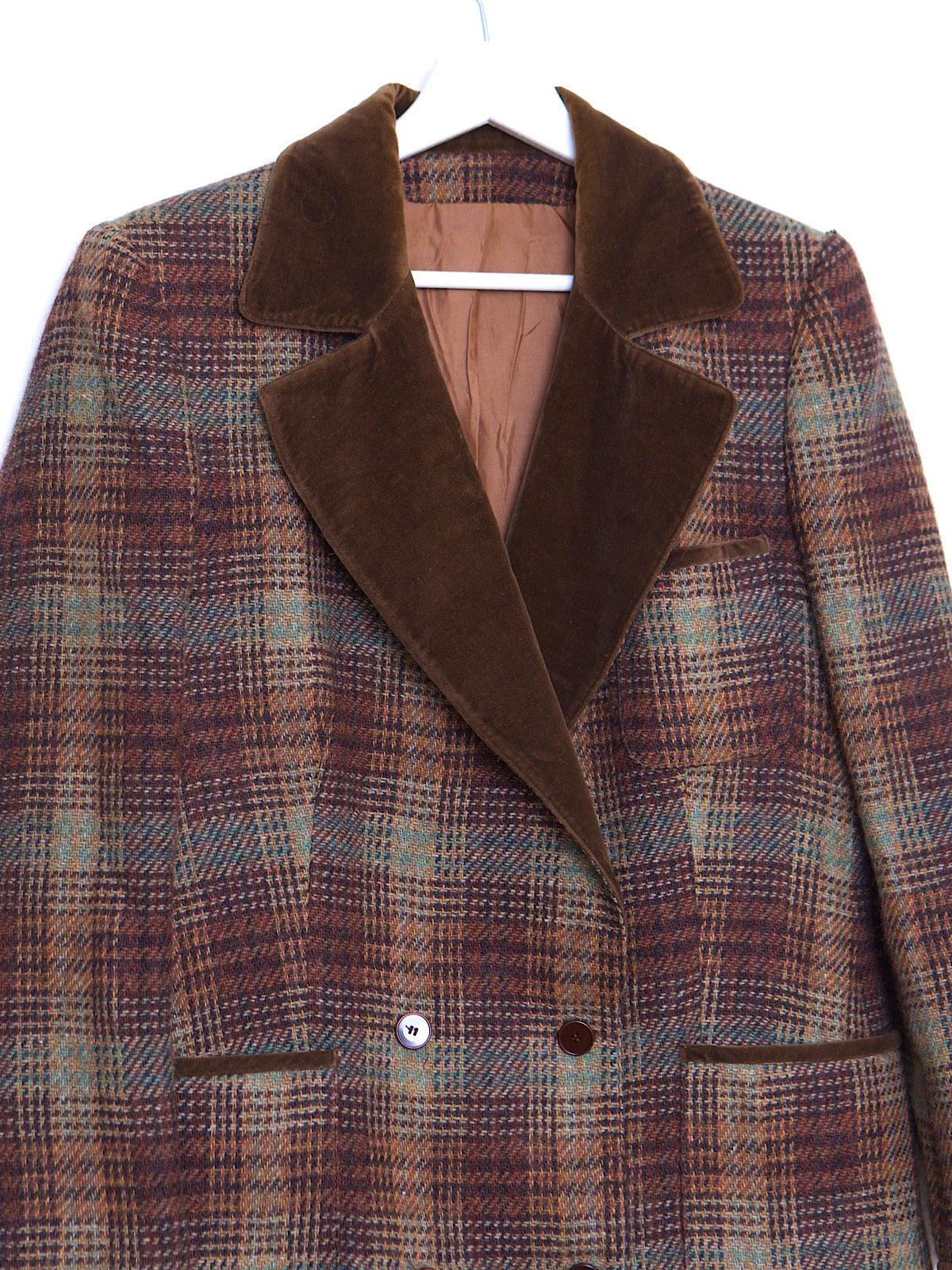 90S VINTAGE PURE WOOL TARTAN BLAZER VELVER COLLAR