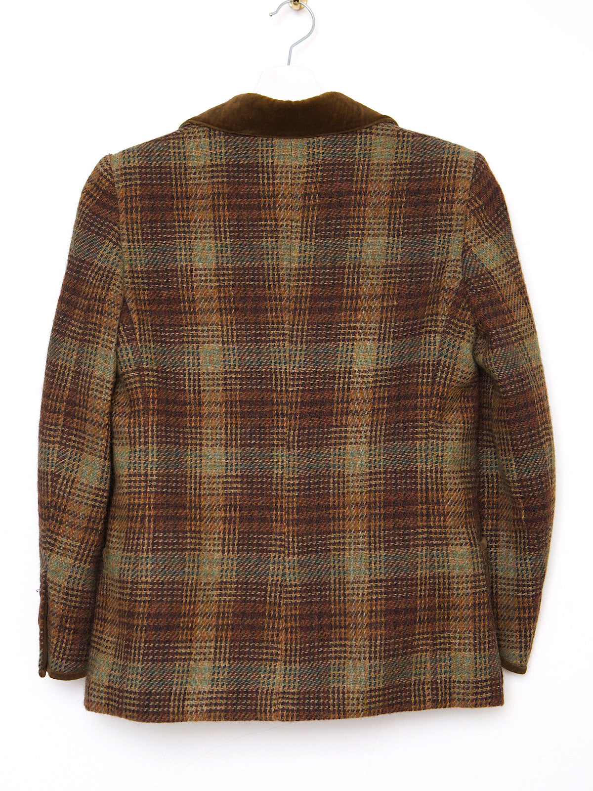 90S VINTAGE PURE WOOL TARTAN BLAZER VELVER COLLAR