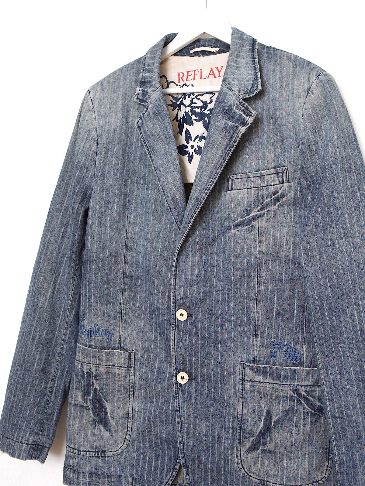 90S VINTAGE REPLAY DENIM BLAZER PINSTRIPE DISTRESSED