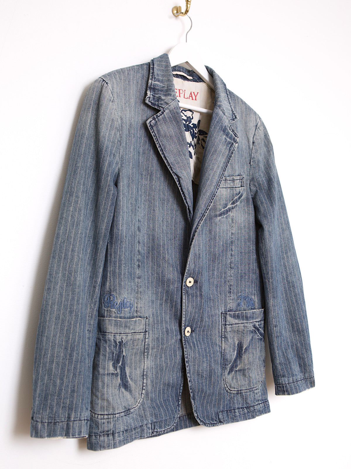 90S VINTAGE REPLAY DENIM BLAZER PINSTRIPE DISTRESSED