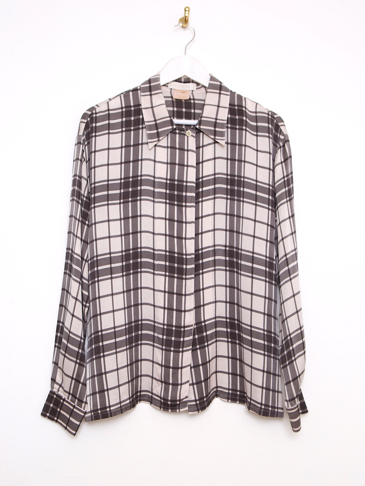 90S VINTAGE PURE SILK TARTAN SHIRT GREY BY ESCADA