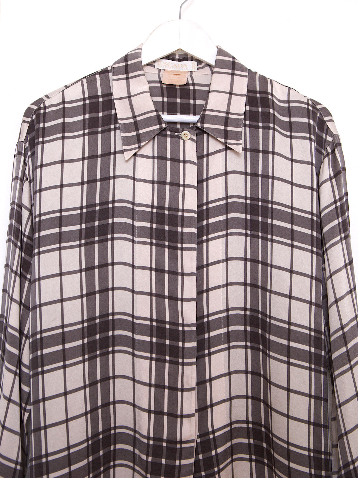 90S VINTAGE PURE SILK TARTAN SHIRT GREY BY ESCADA