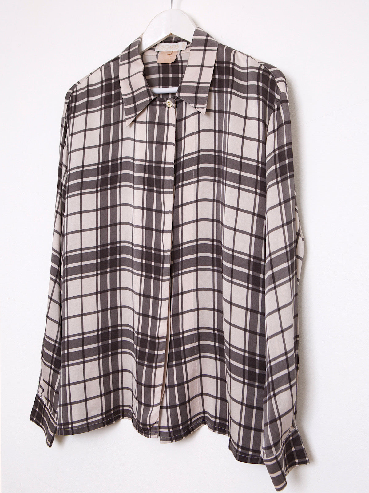 90S VINTAGE PURE SILK TARTAN SHIRT GREY BY ESCADA
