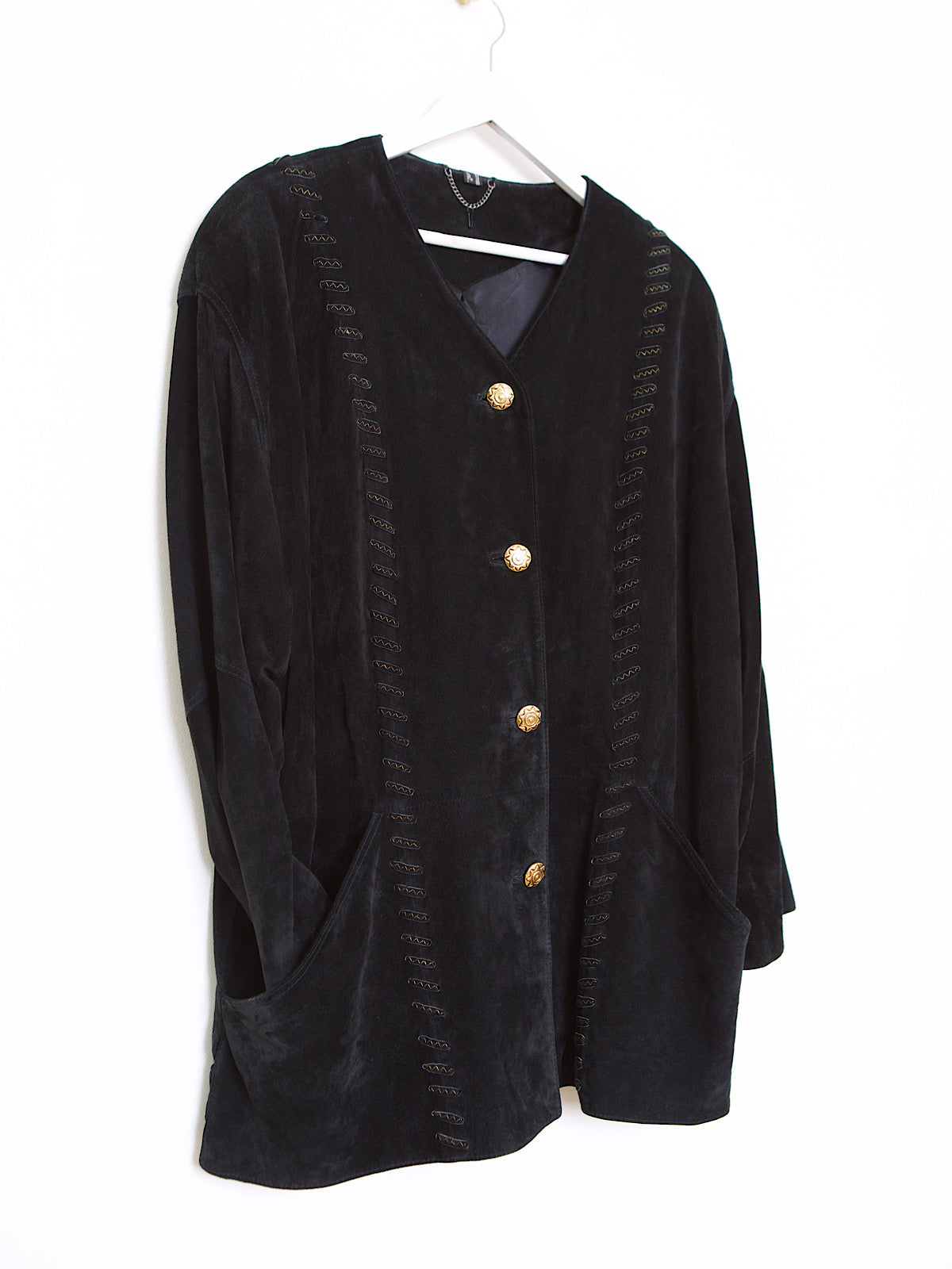 VINTAGE BLACK LEATHER SUEDE COAT GOLD DETAILS