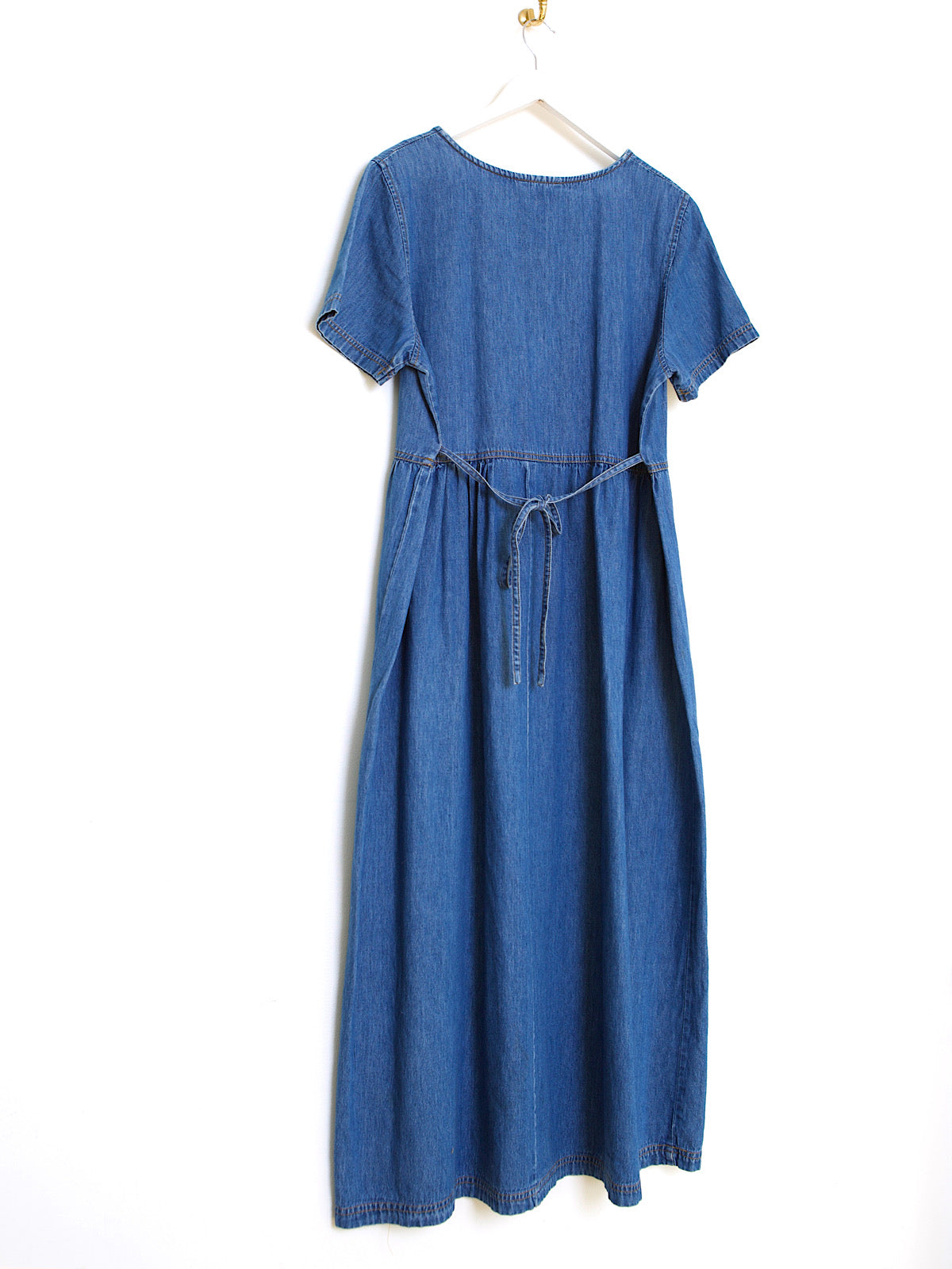 VINTAGE BLUE DENIM EMBROIDERED MIDI DRESS SHORT SLEEVES