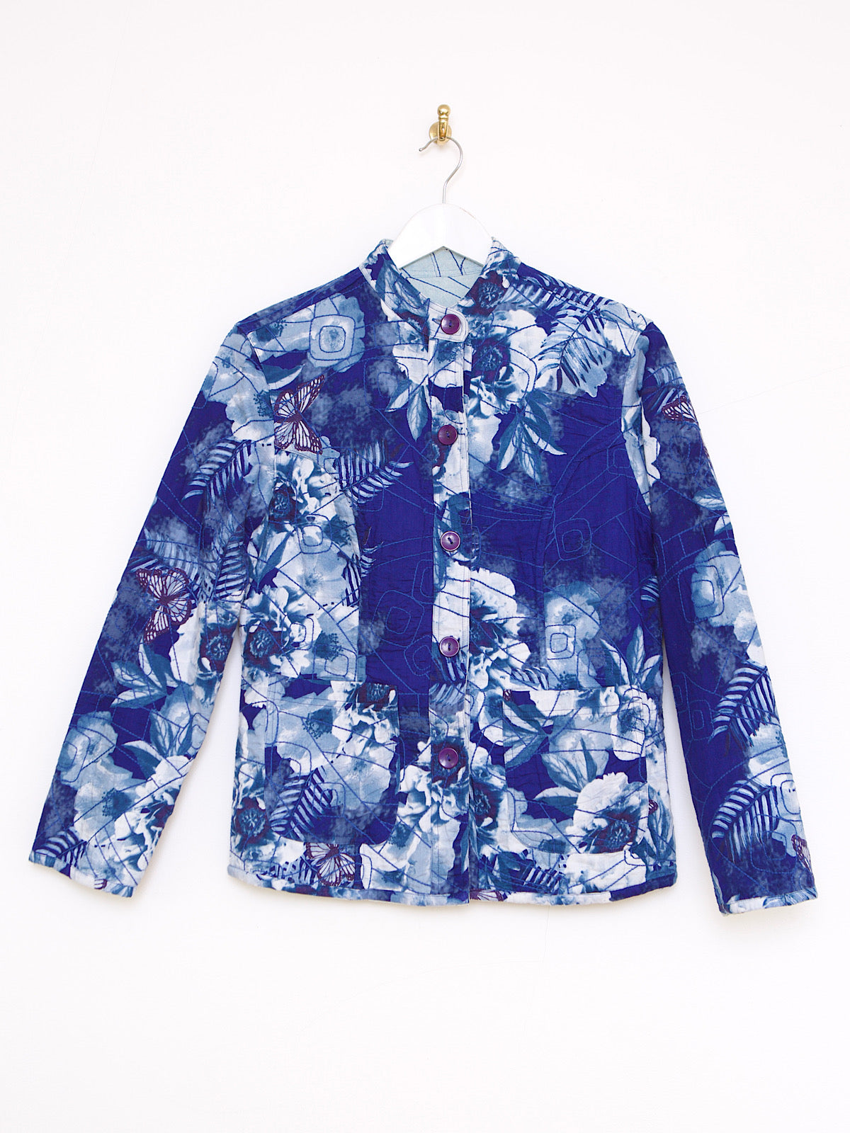 REVERSIBLE EMBROIDERED BLUE COTTON JACKET WITH BUTTERFLY & FLORAL PRINT