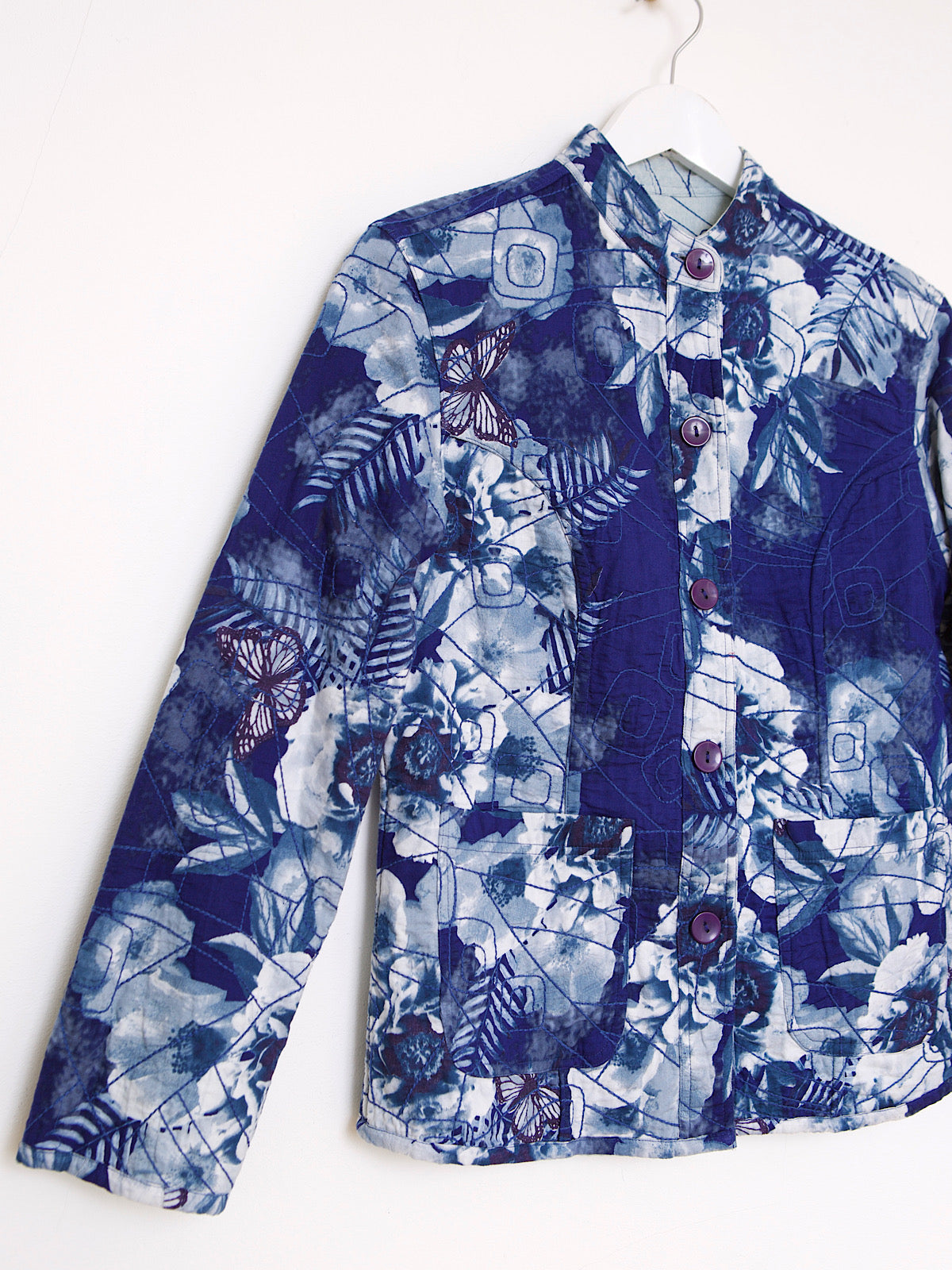 REVERSIBLE EMBROIDERED BLUE COTTON JACKET WITH BUTTERFLY & FLORAL PRINT