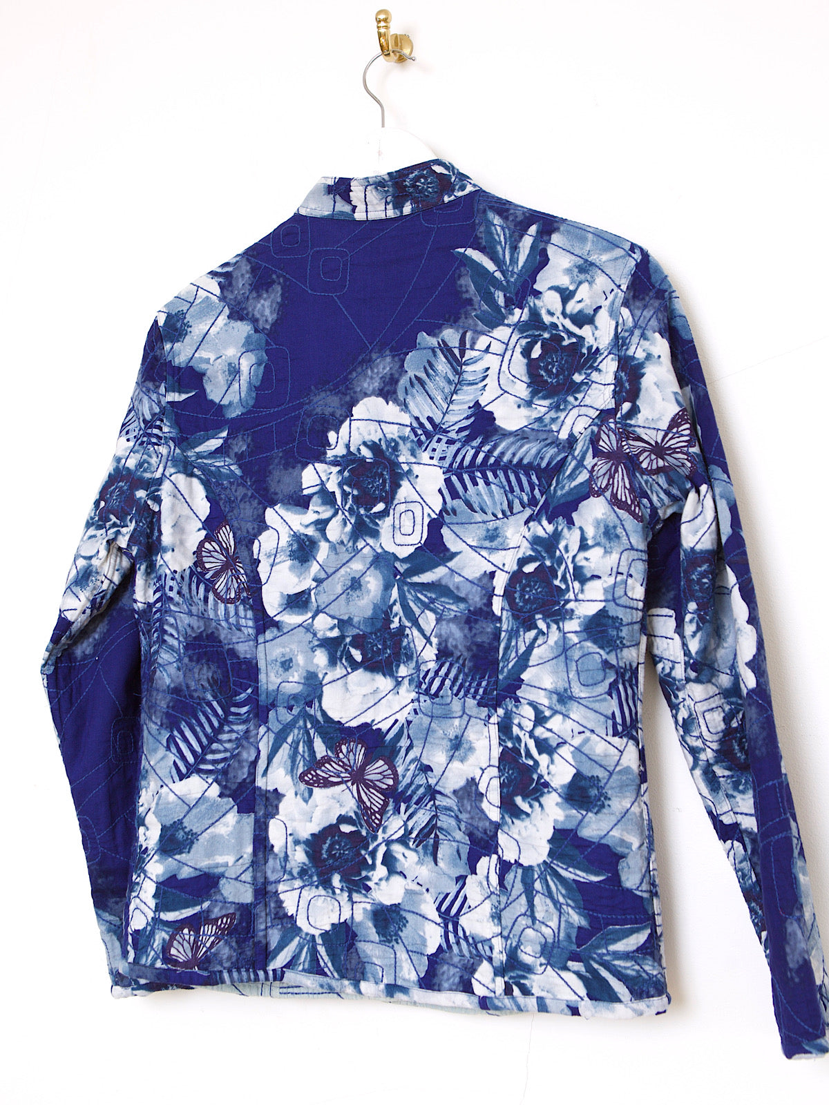 REVERSIBLE EMBROIDERED BLUE COTTON JACKET WITH BUTTERFLY & FLORAL PRINT