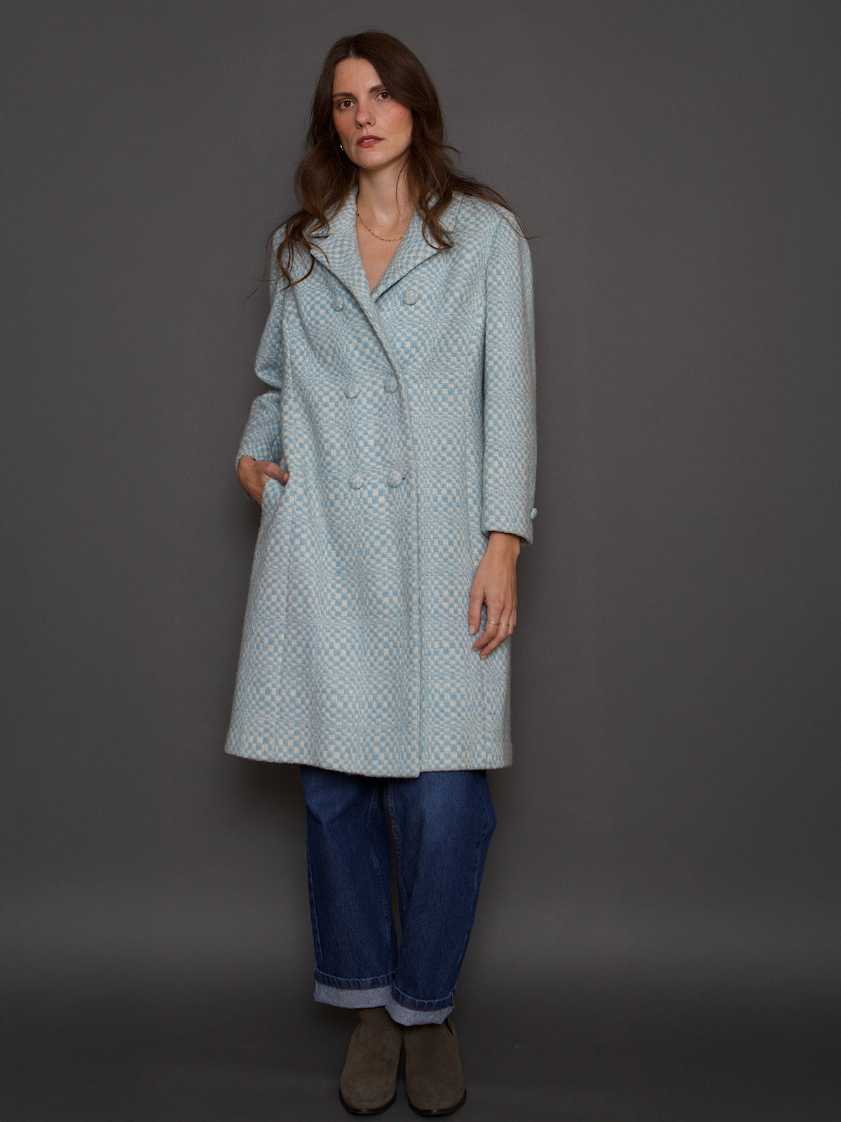 VINTAGE BLUE WOOL TWEED COAT SMALL CHECK PRINT