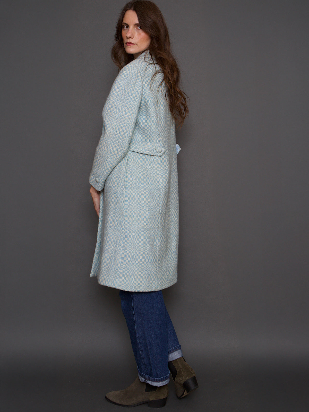VINTAGE BLUE WOOL TWEED COAT SMALL CHECK PRINT
