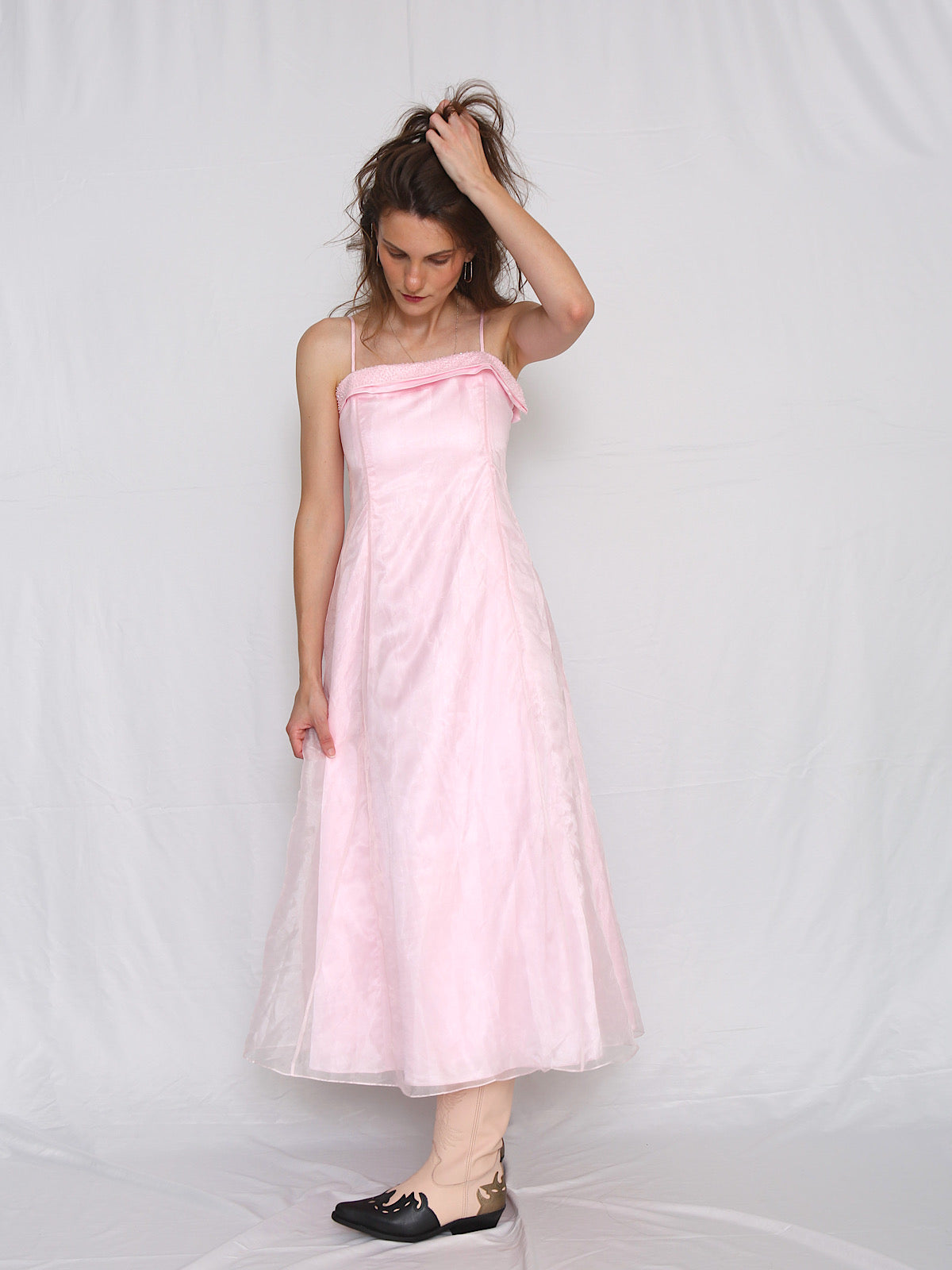 Pink gown party dress with shoulder straps