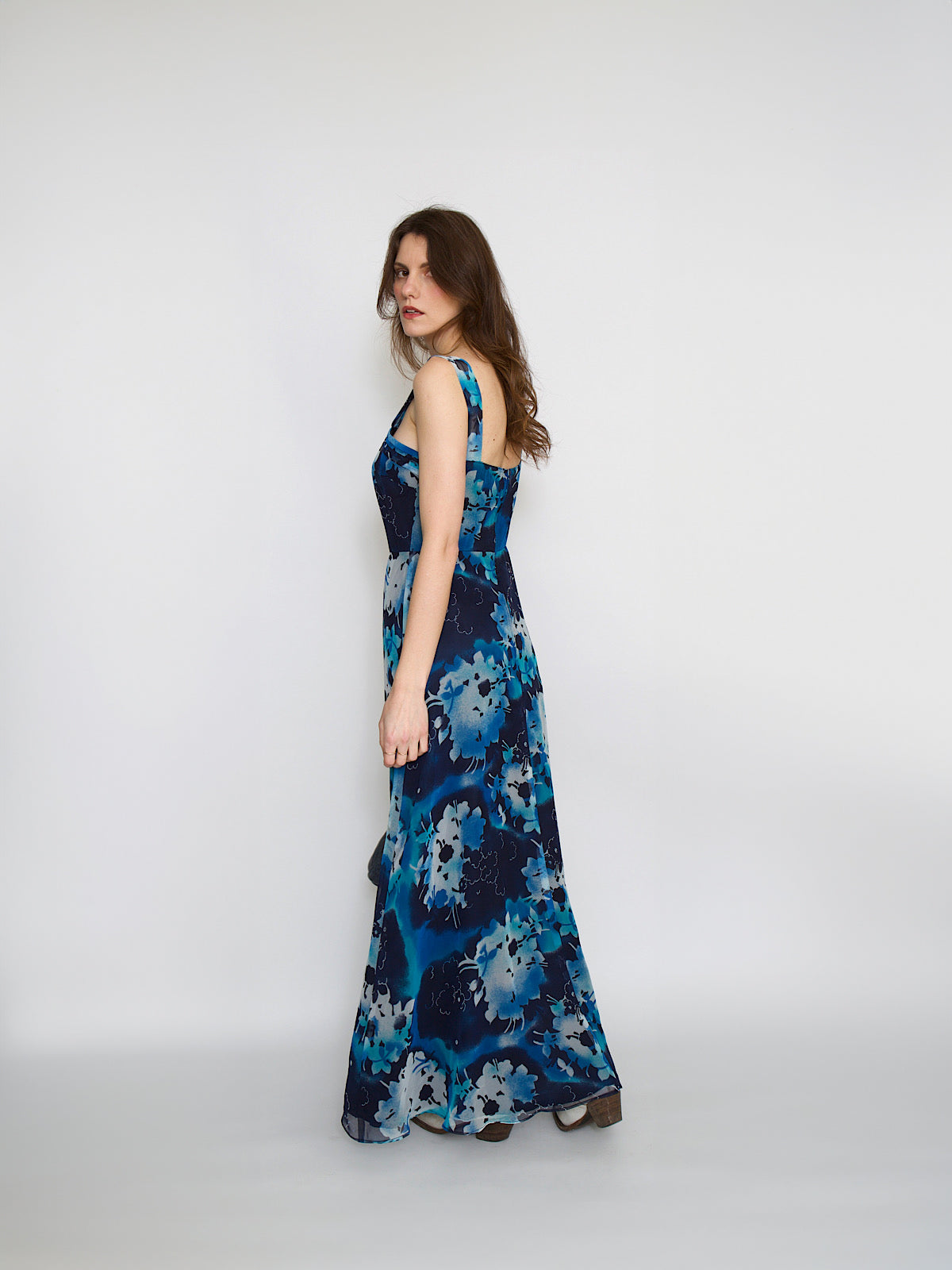 Vintage maxi dress blue florals shoulder straps by Vera Mont