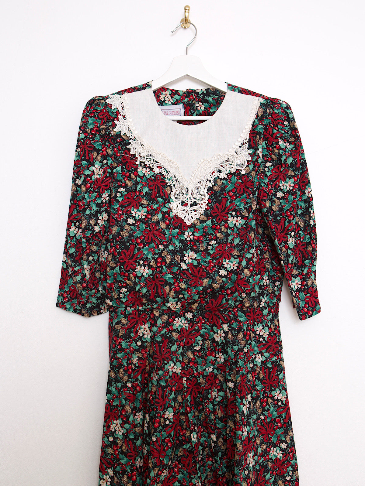 80s vintage midi dress red bows & holly print