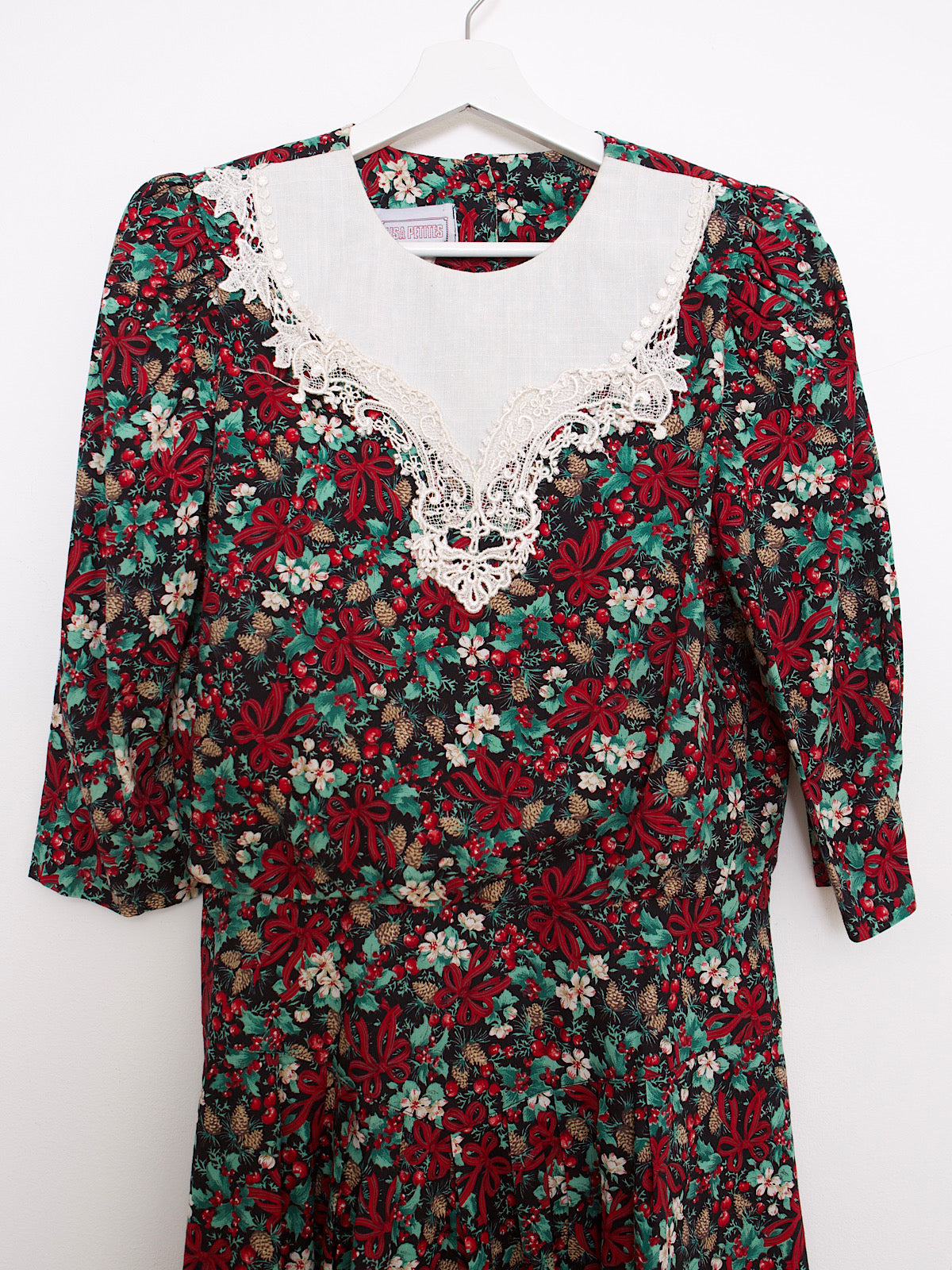 80s vintage midi dress red bows & holly print