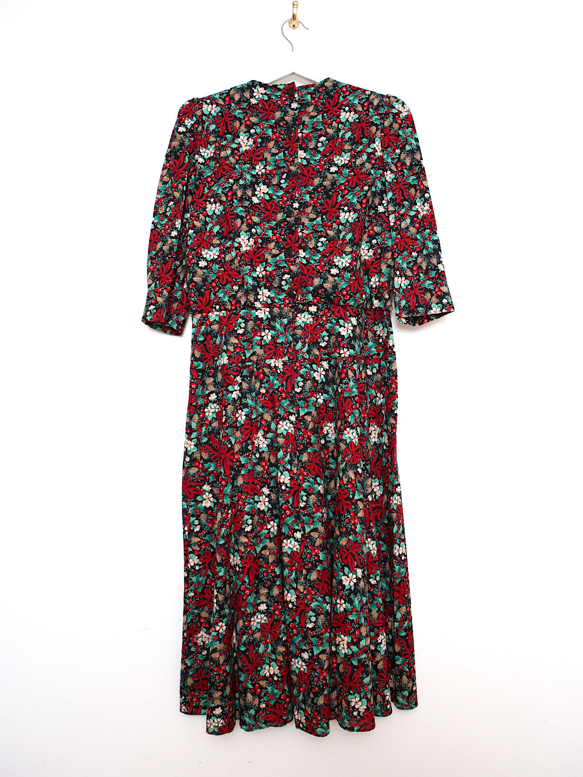 80s vintage midi dress red bows & holly print