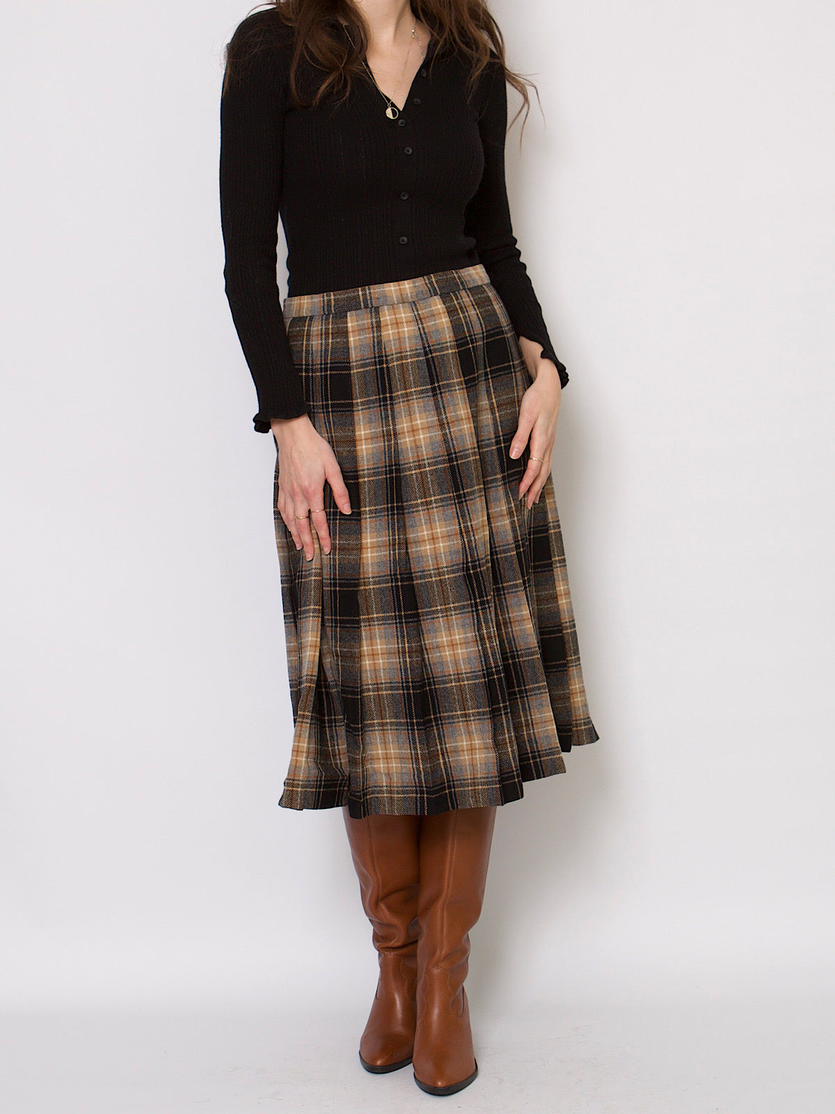 60s VINTAGE WOOL TARTAN PLEATED SKIRT