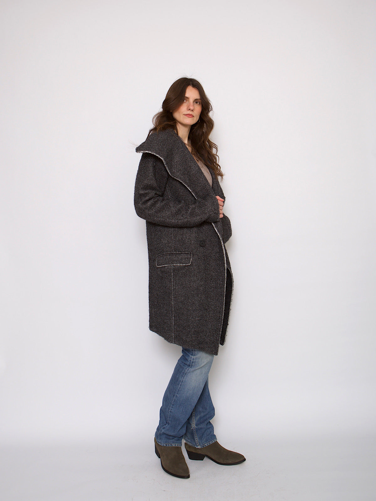 Y2K vintage grey coat oversized collar mid length