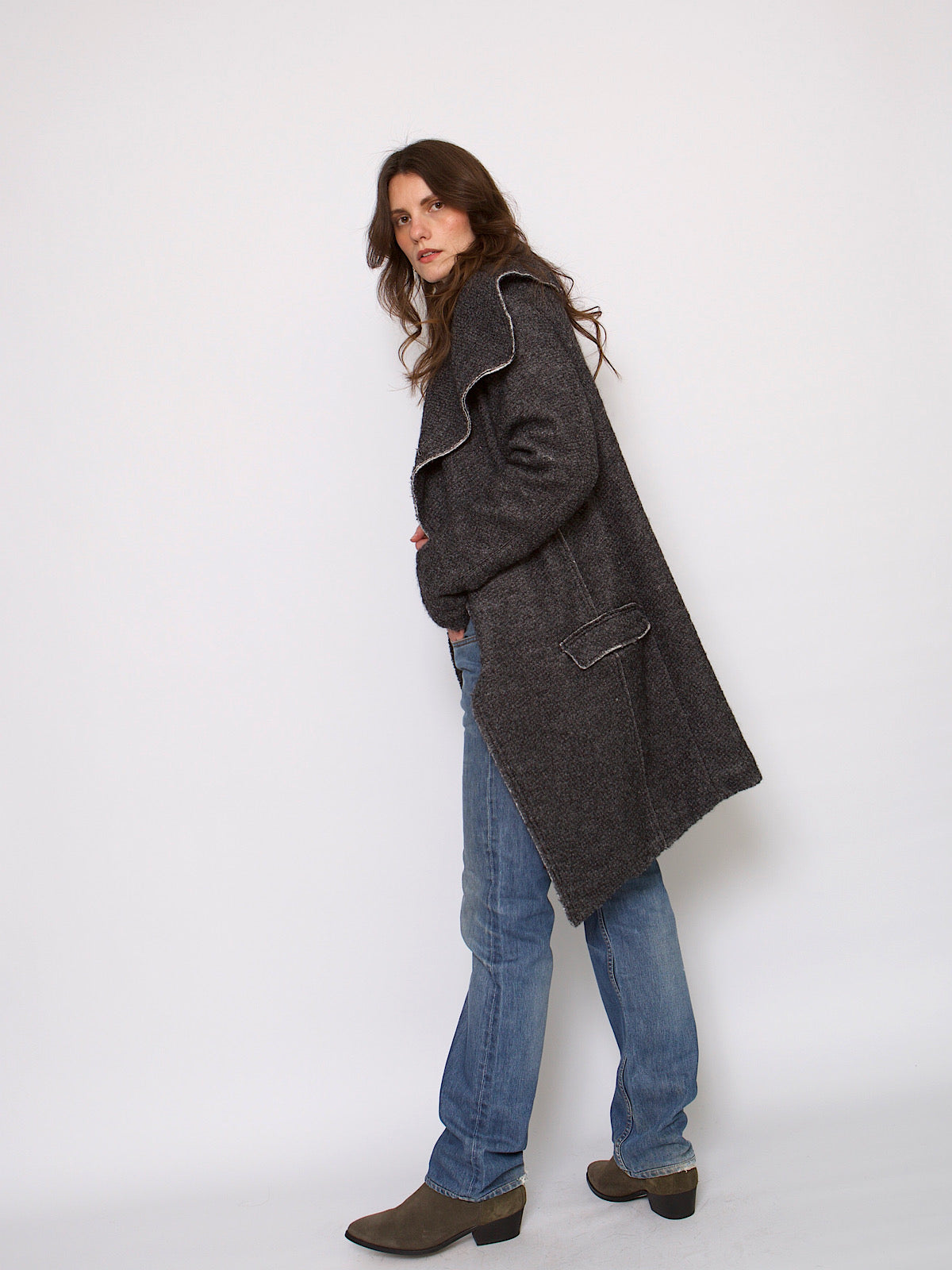 Y2K vintage grey coat oversized collar mid length