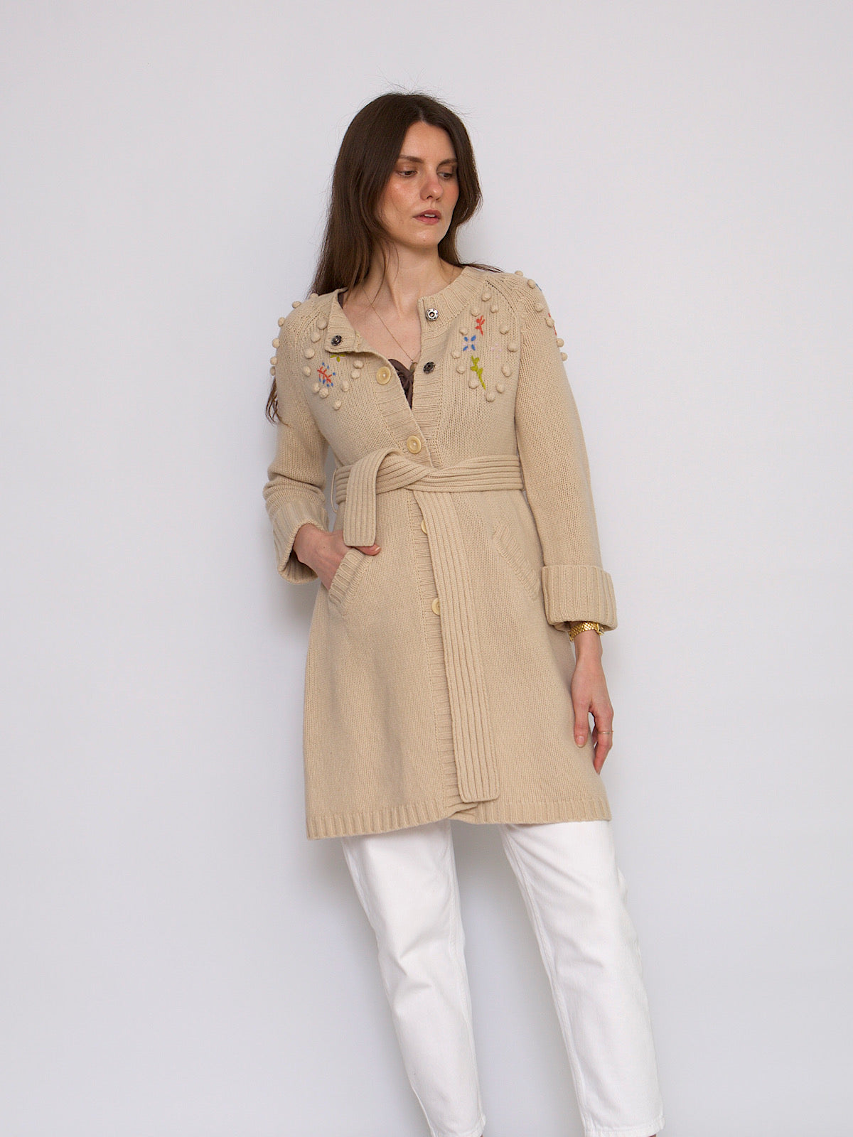 See by Chloe wool belted cardigan embroidered flowers