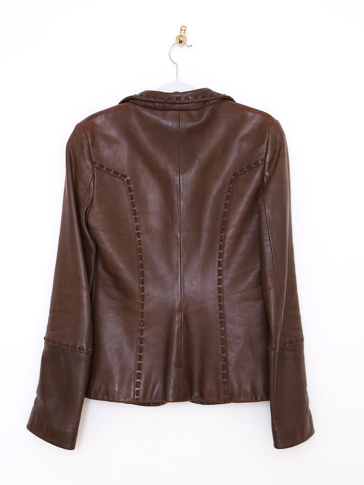 Luxury Y2K brown leather jacket fitted design
