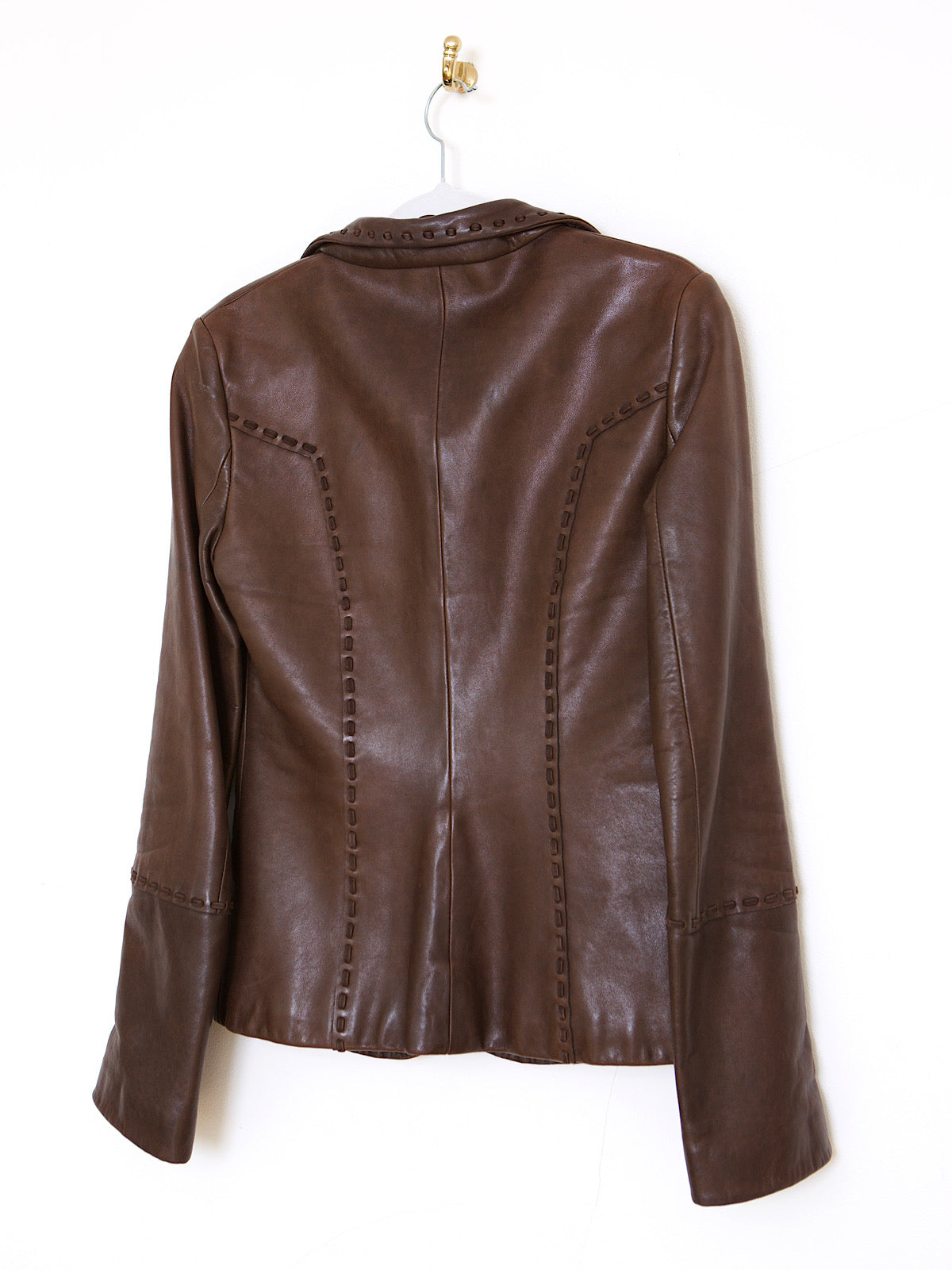 Luxury Y2K brown leather jacket fitted design