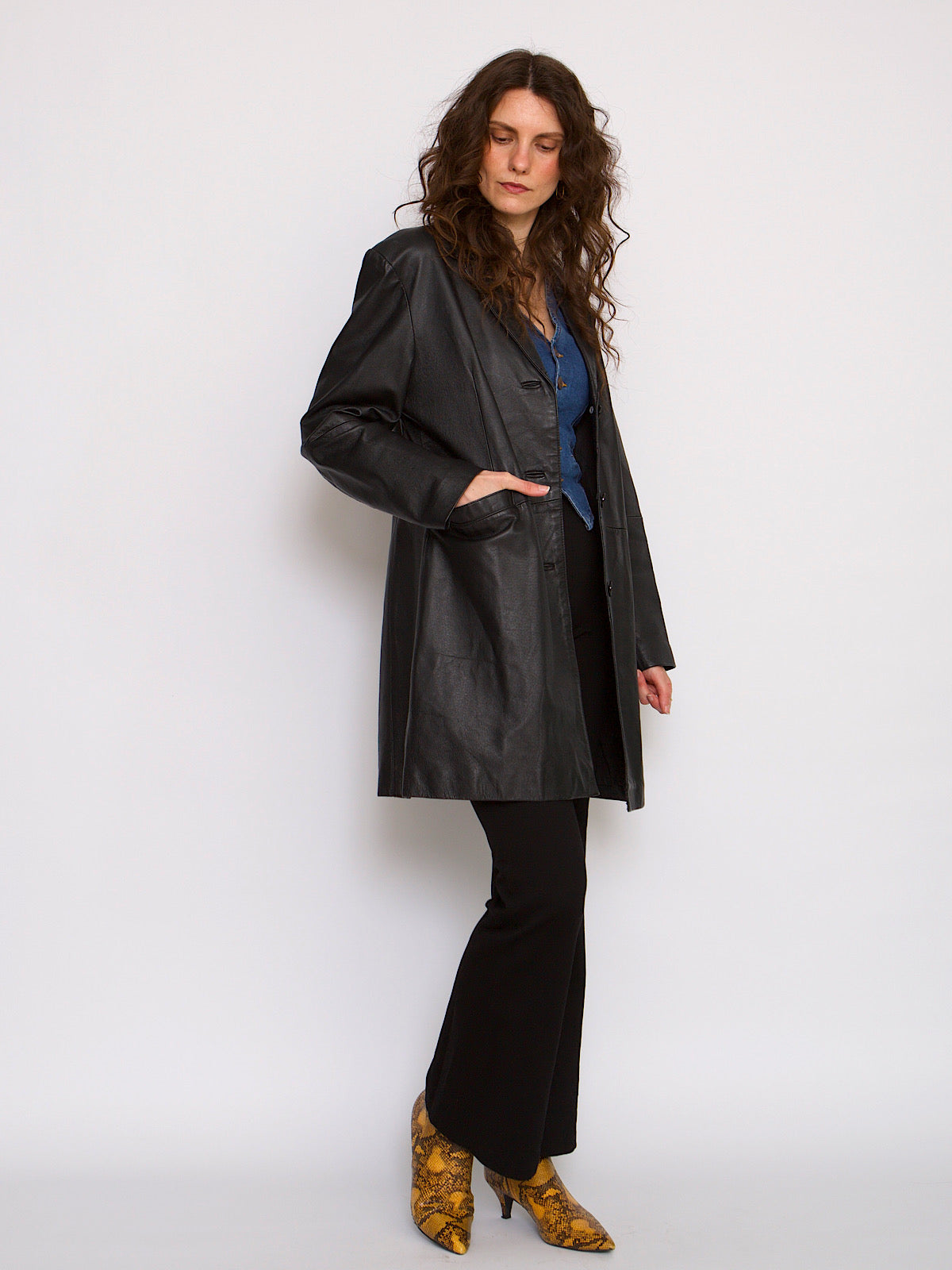 90s vintage black leather jacket long length