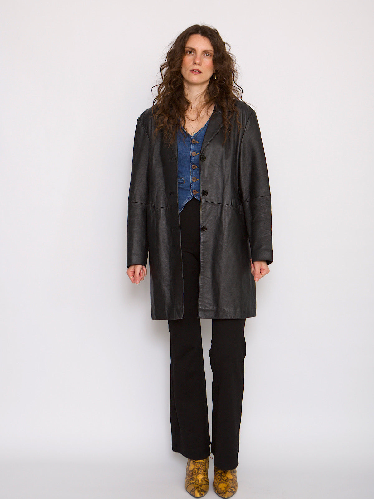 90s vintage black leather jacket long length