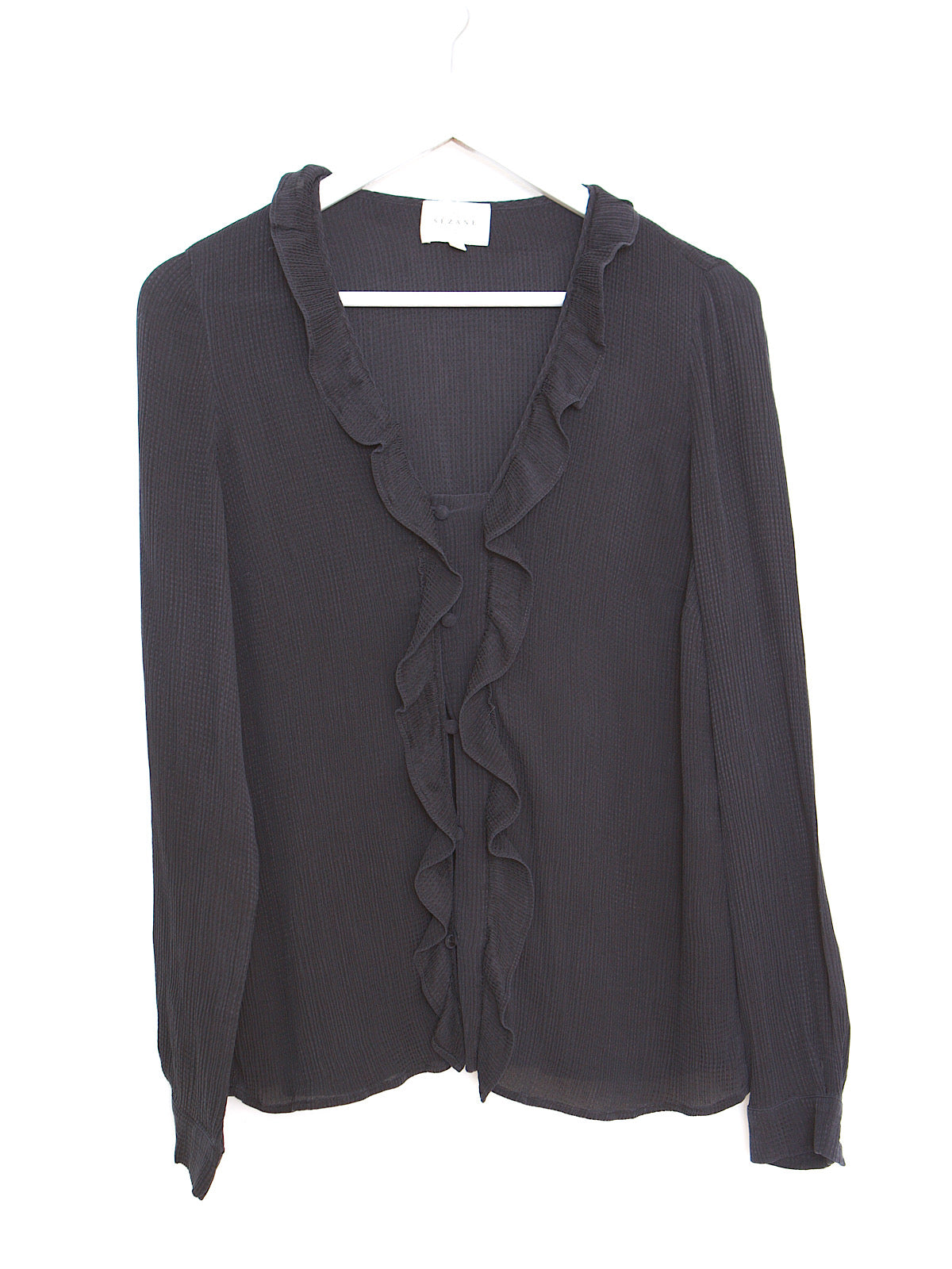Pure silk black shirt with frills by Cezane