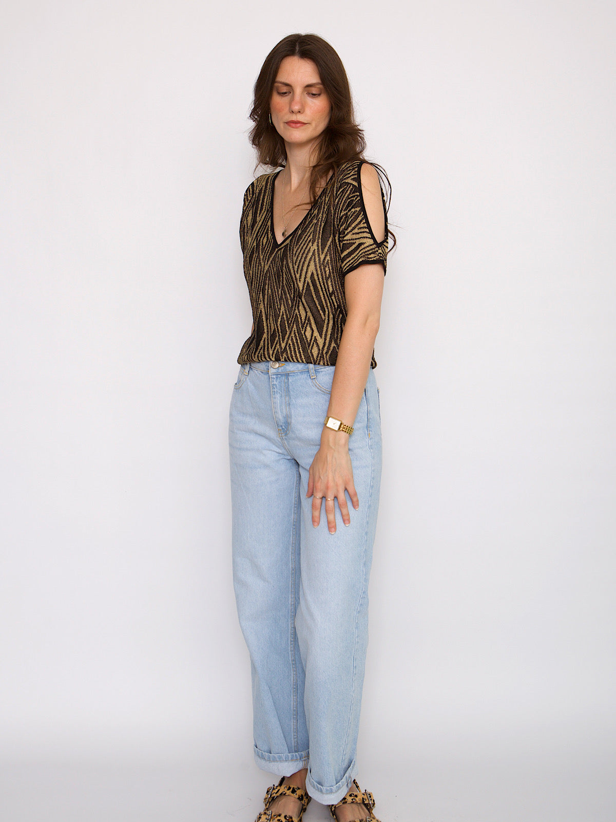 Black & gold evening top opened shoulder by Ralph Lauren