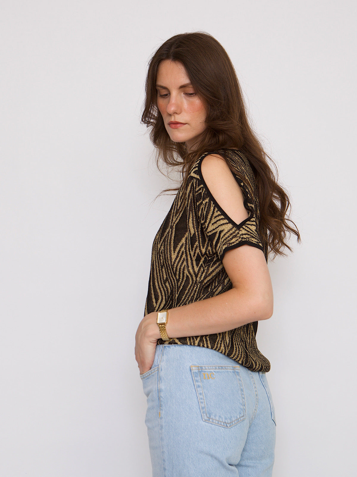 Black & gold evening top opened shoulder by Ralph Lauren