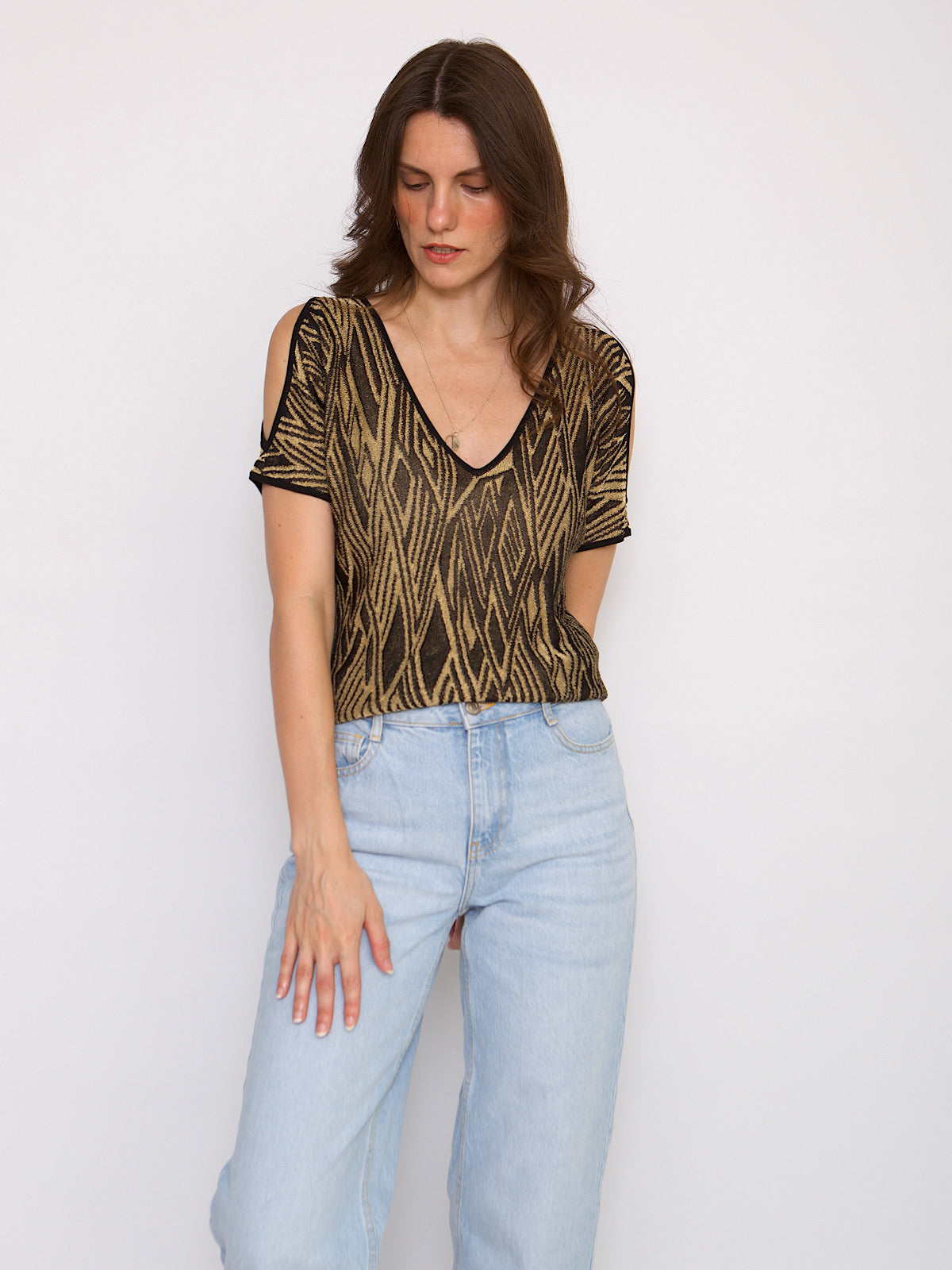 Black & gold evening top opened shoulder by Ralph Lauren