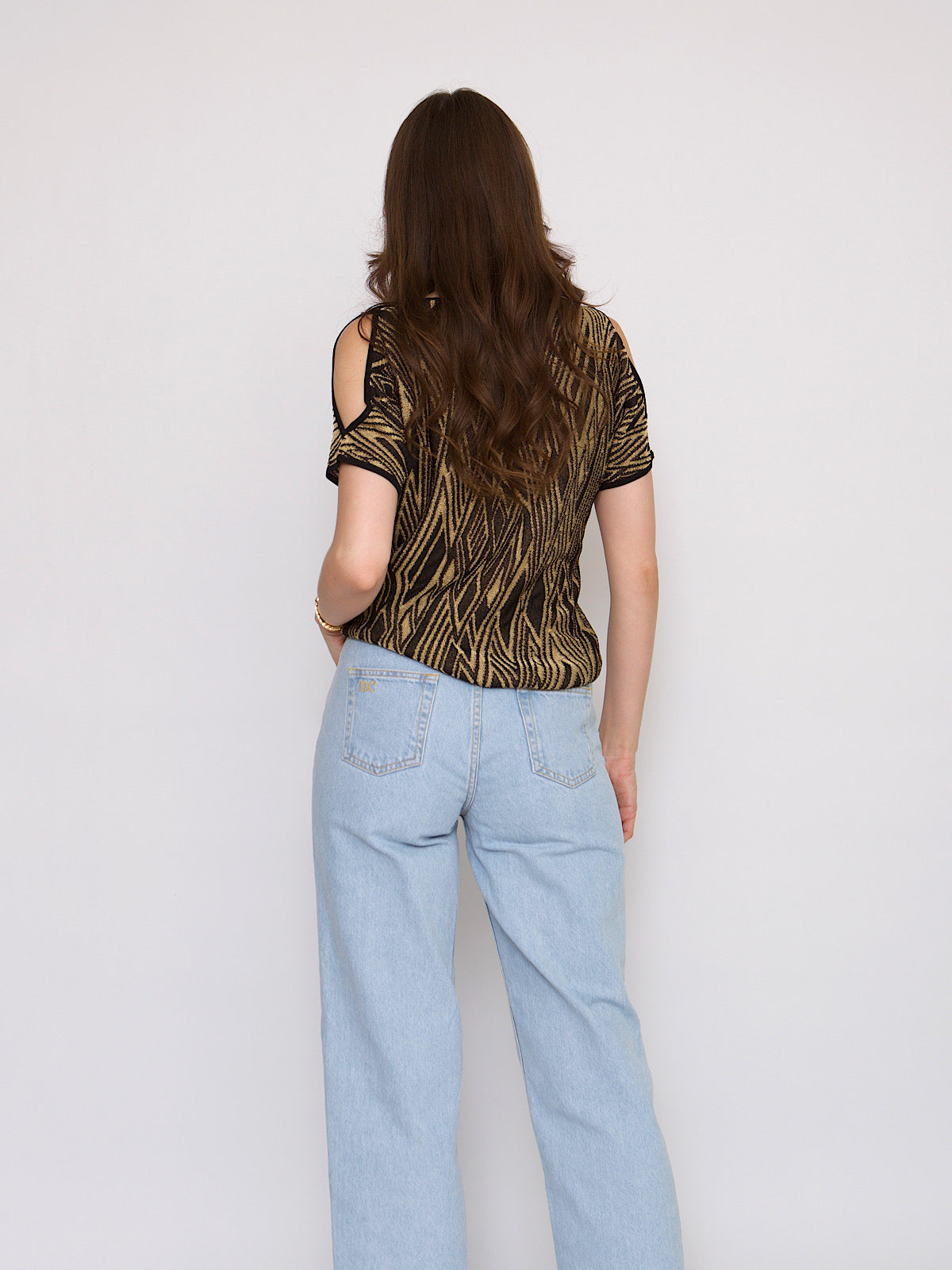 Black & gold evening top opened shoulder by Ralph Lauren