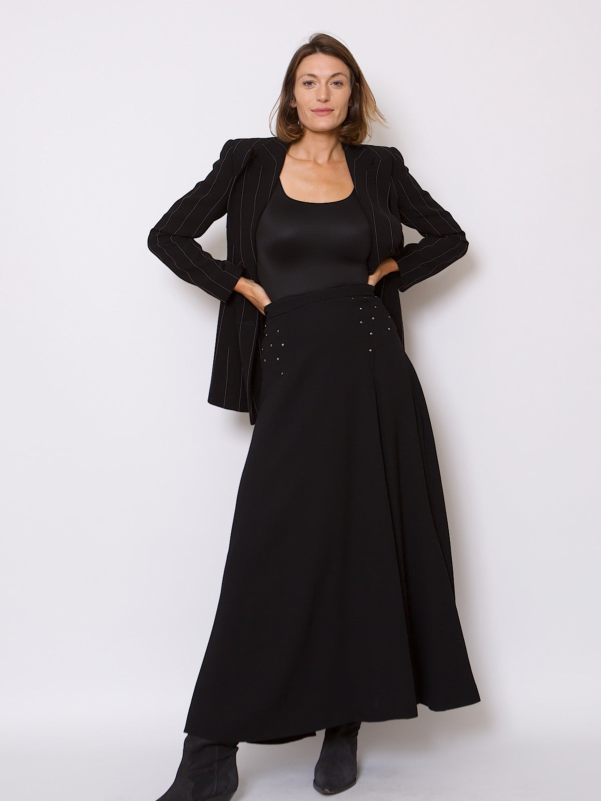 70s BLACK MAXI SKIRT WITH SILVER STUDS