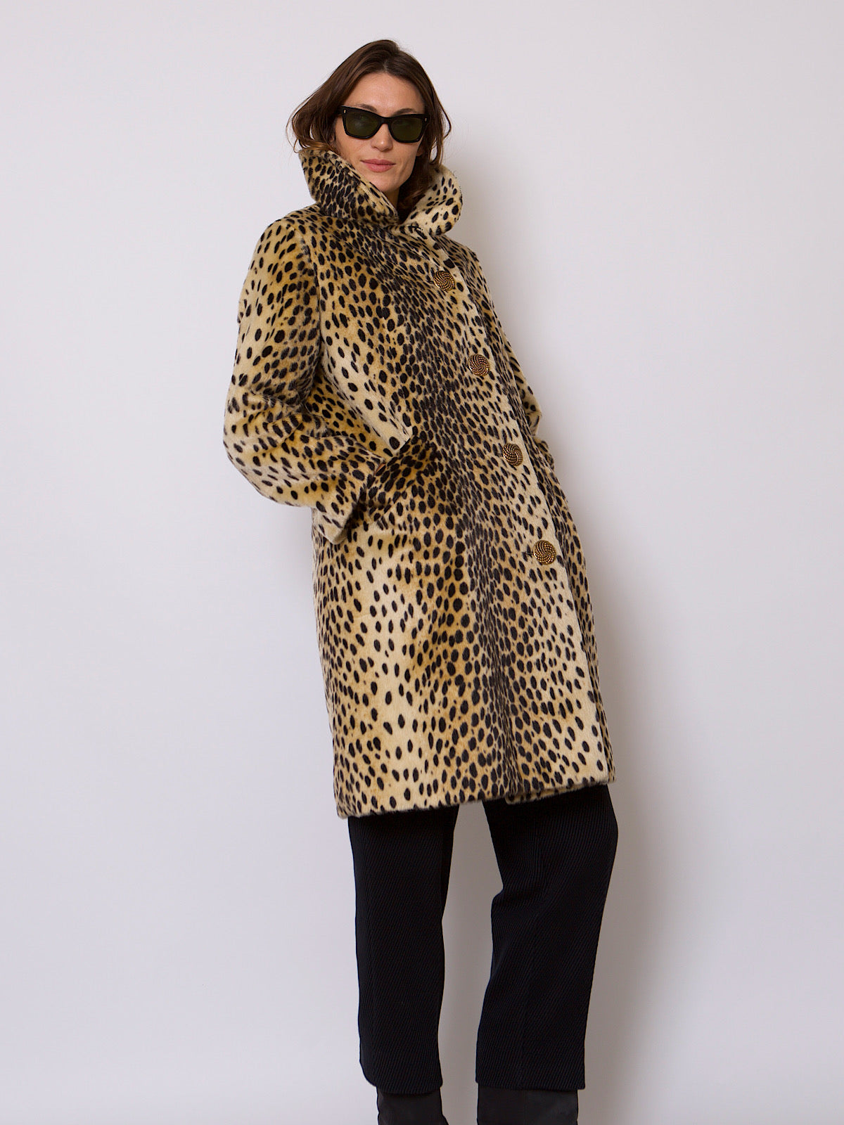 60s VINTAGE LEOPARD FAUX FUR LUXURY COAT GOLD BUTTONS