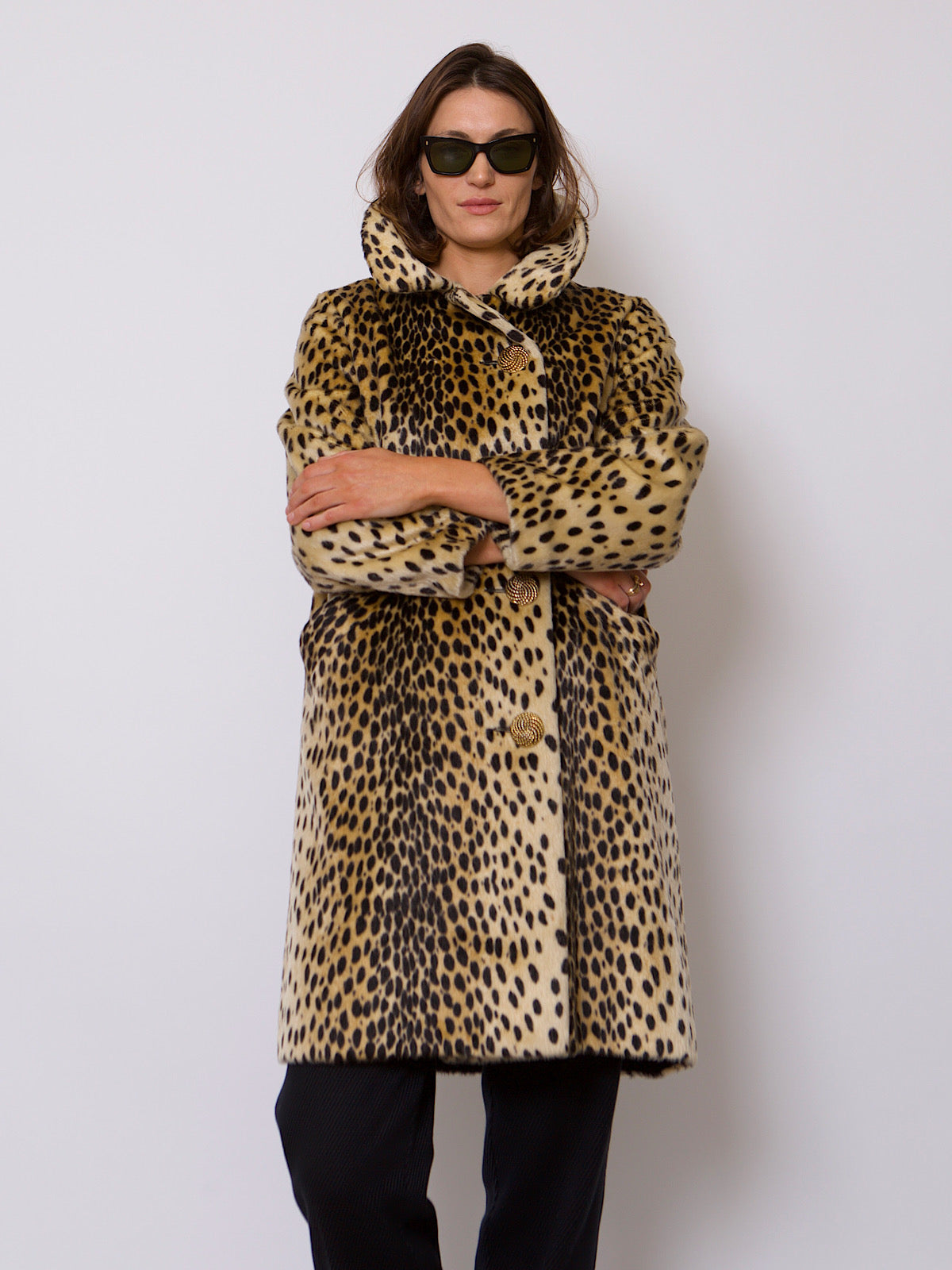 60s VINTAGE LEOPARD FAUX FUR LUXURY COAT GOLD BUTTONS