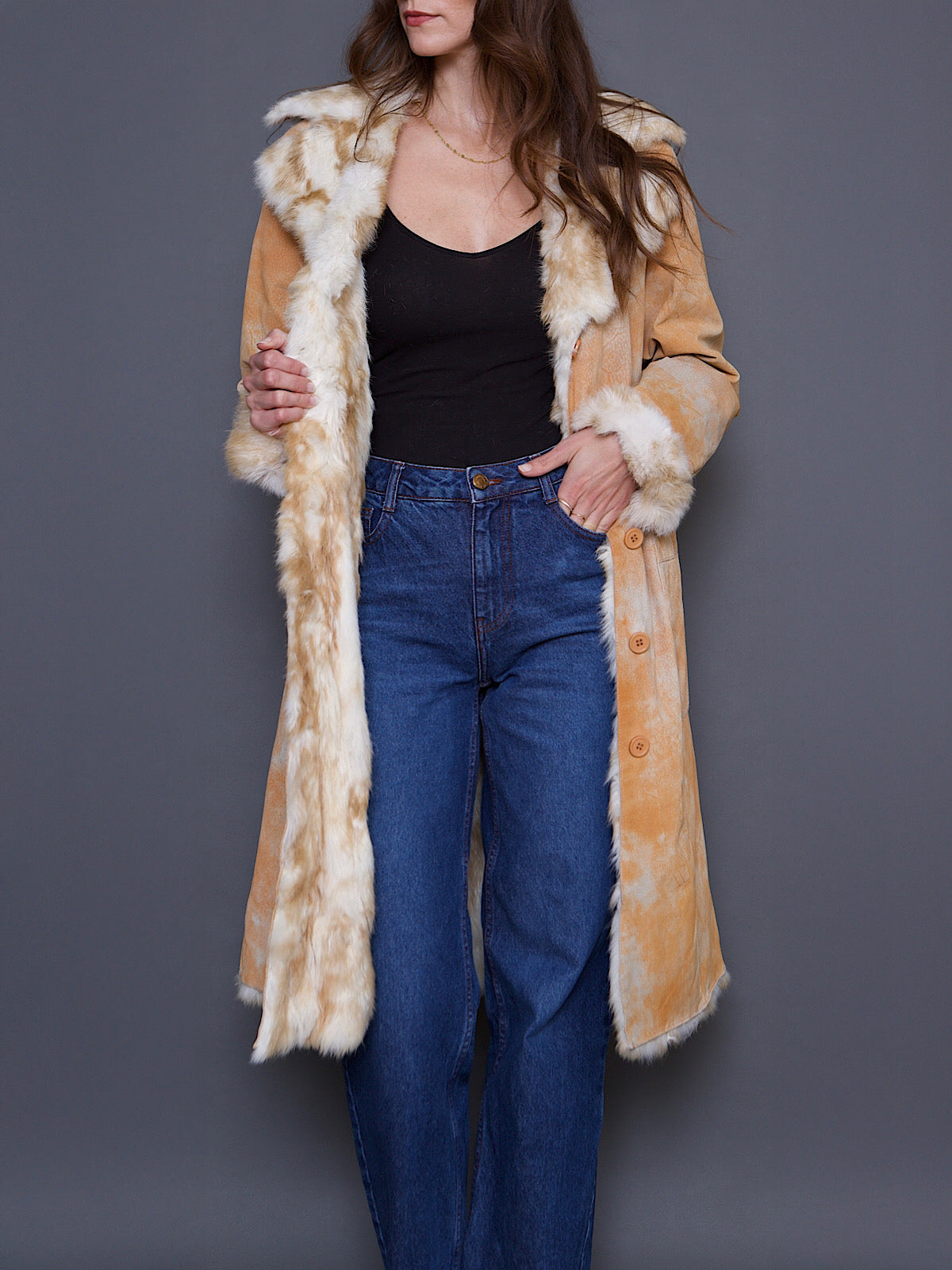 Y2K VINTAGE SUEDE & REAL FUR COAT TIE DYE EFFECT