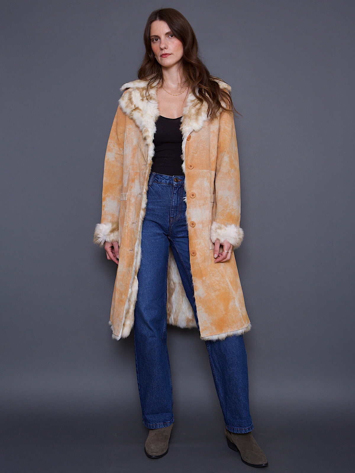 Y2K VINTAGE SUEDE & REAL FUR COAT TIE DYE EFFECT