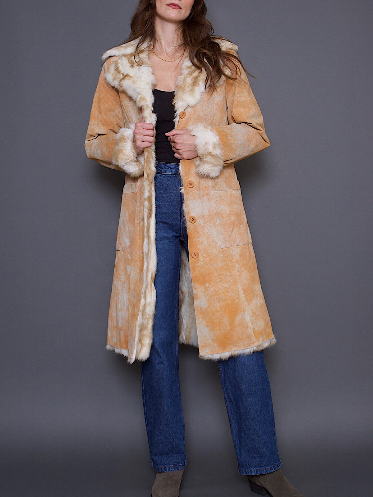 Y2K VINTAGE SUEDE & REAL FUR COAT TIE DYE EFFECT