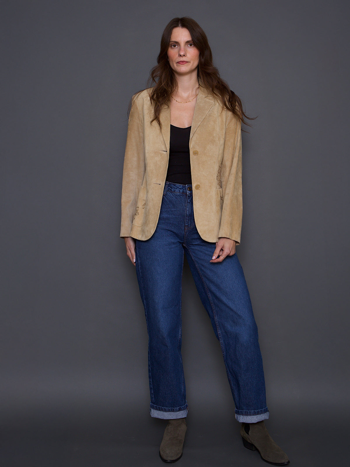 90S VINTAGE SUEDE FITTED JACKET EMBROIDERED