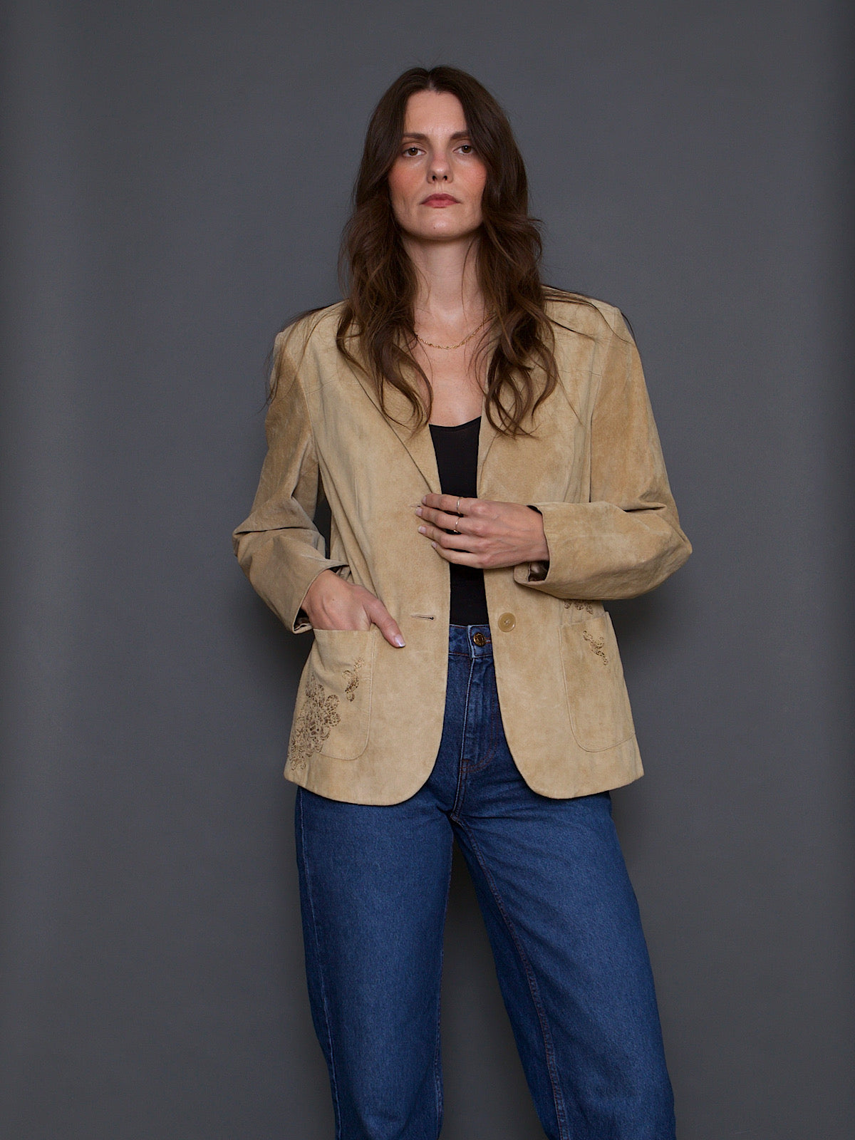 90S VINTAGE SUEDE FITTED JACKET EMBROIDERED