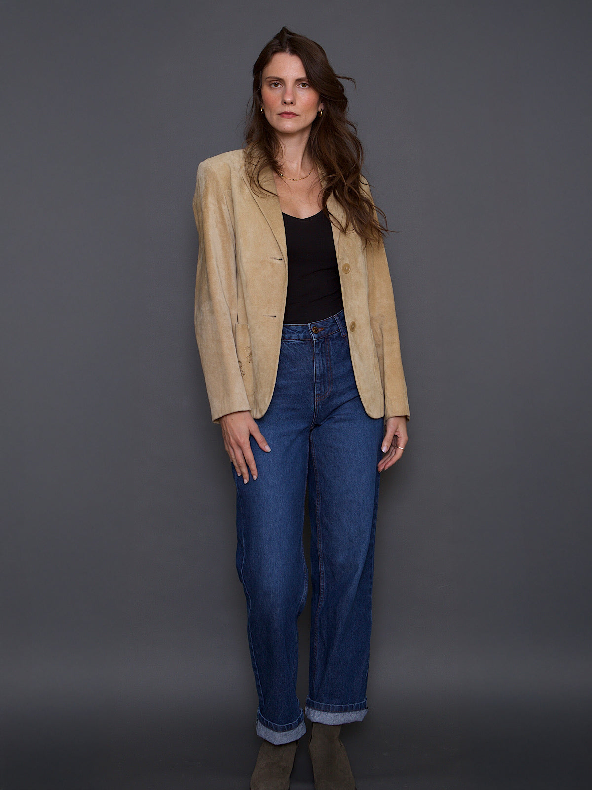 90S VINTAGE SUEDE FITTED JACKET EMBROIDERED