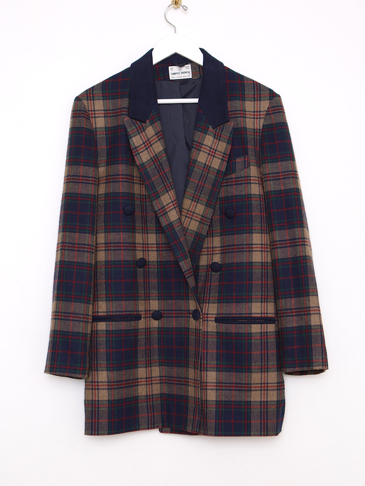 90S VINTAGE NAVY TARTAN BLAZER DOUBLE BREASTED