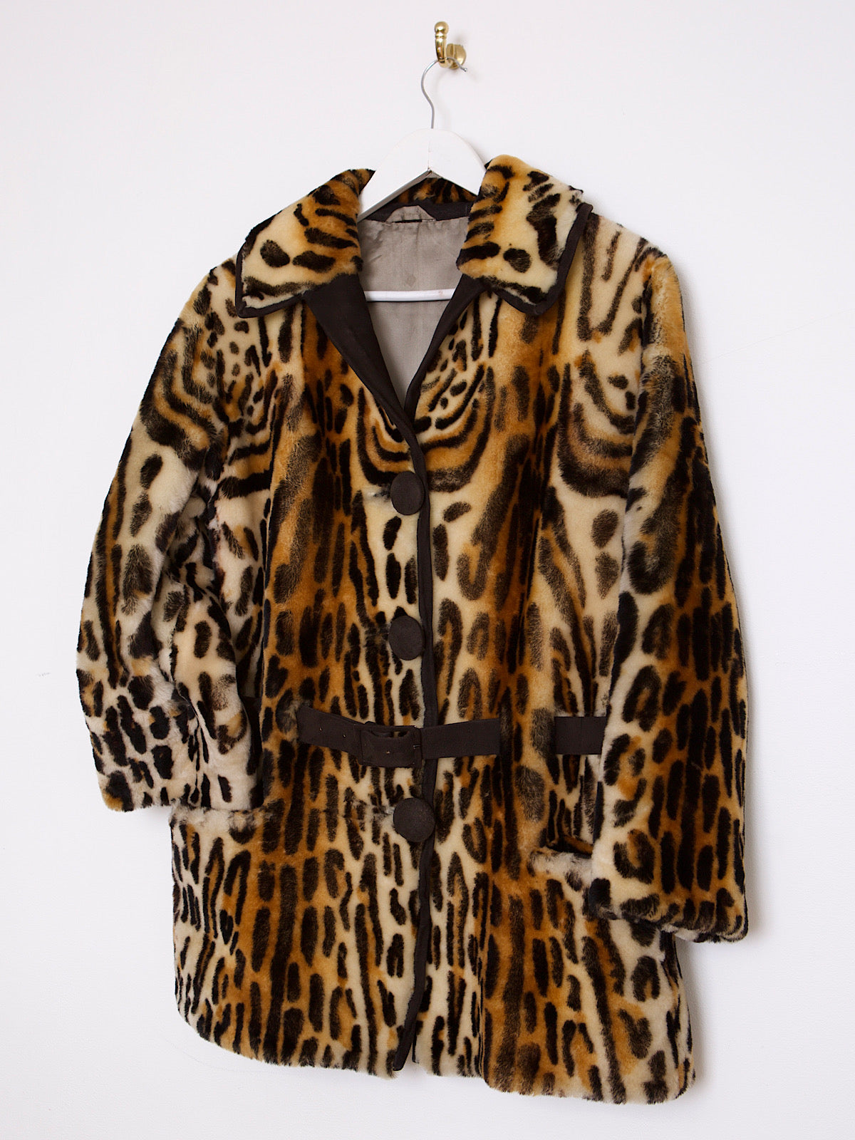60S VINTAGE FAUX FUR LEOPARD WINTER BELTED COAT