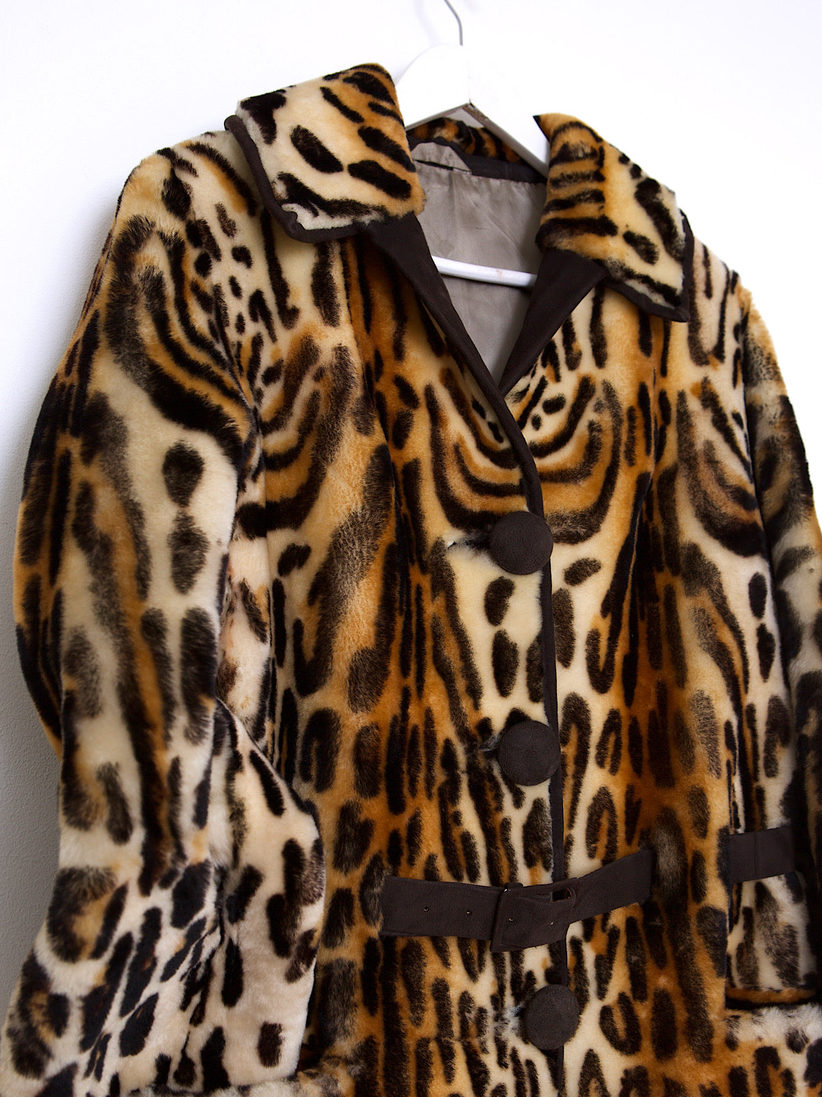 60S VINTAGE FAUX FUR LEOPARD WINTER BELTED COAT