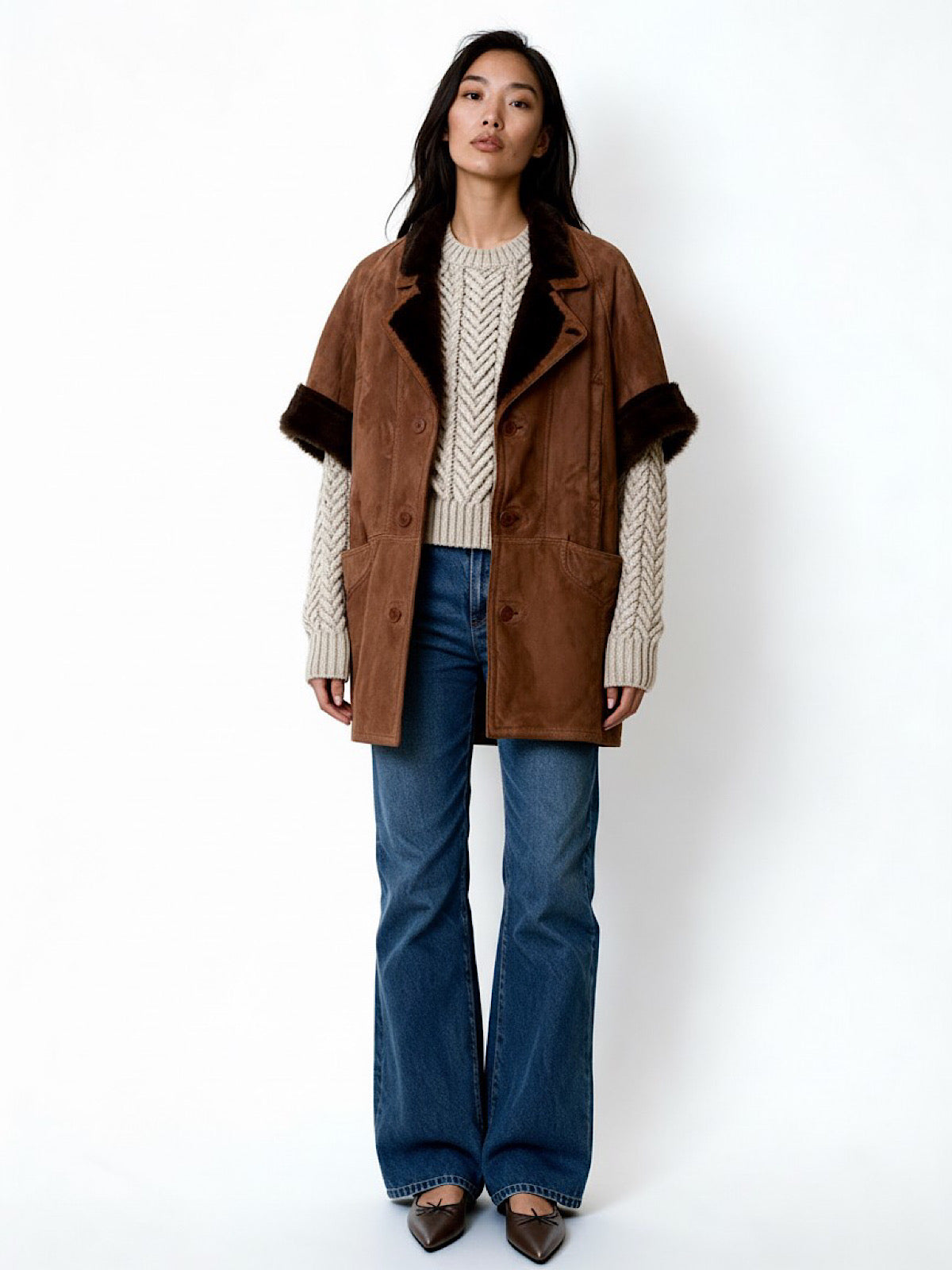 Vintage real shearling coat short sleeves chestnut brown