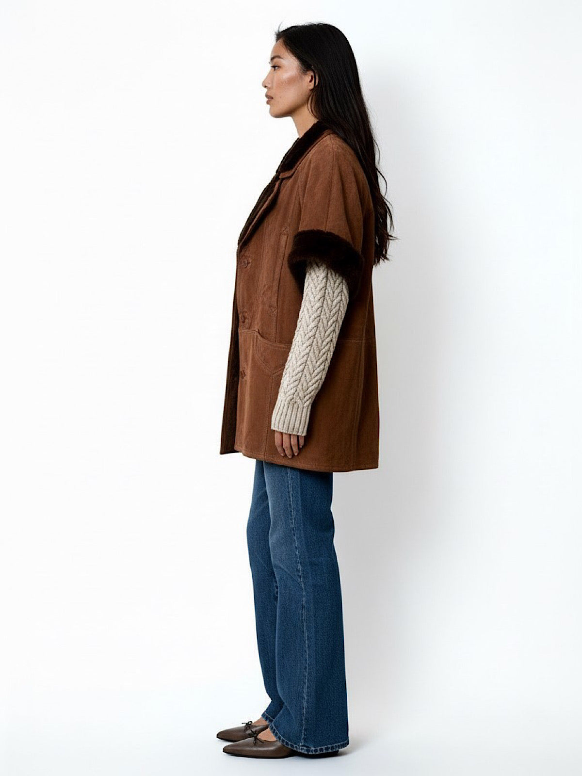 Vintage real shearling coat short sleeves chestnut brown