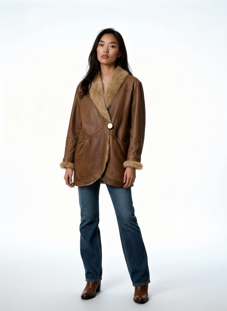 Vintage leather sheepskin coat in light brown