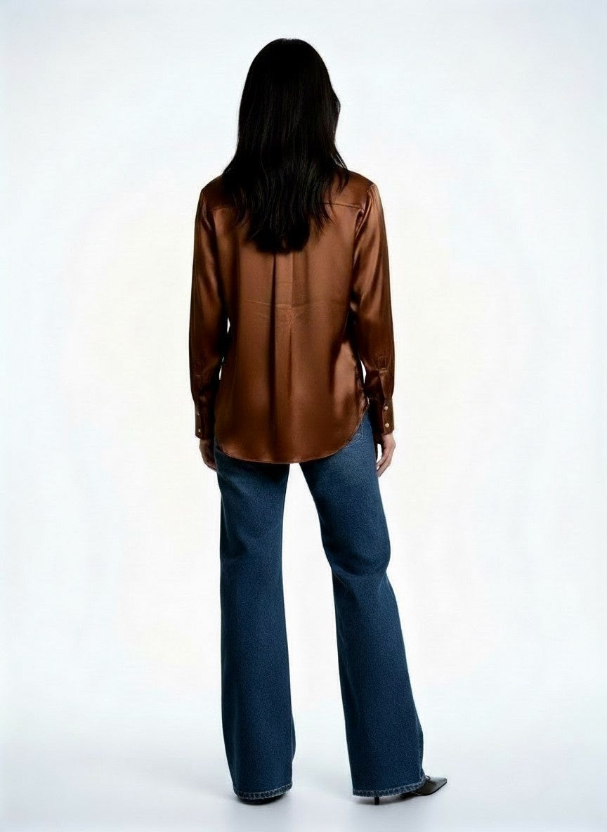 Y2K PURE SILK BROWN SHIRT LOOSE FIT